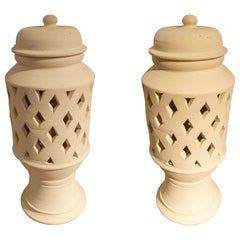 Pair of White Ceramic Openwork Floor Lanterns for Garden Pair of White Ceramic Openwork Floor Lanterns for Garden