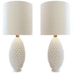 Vintage Pair of White Ceramic Pineapple Table Lamps