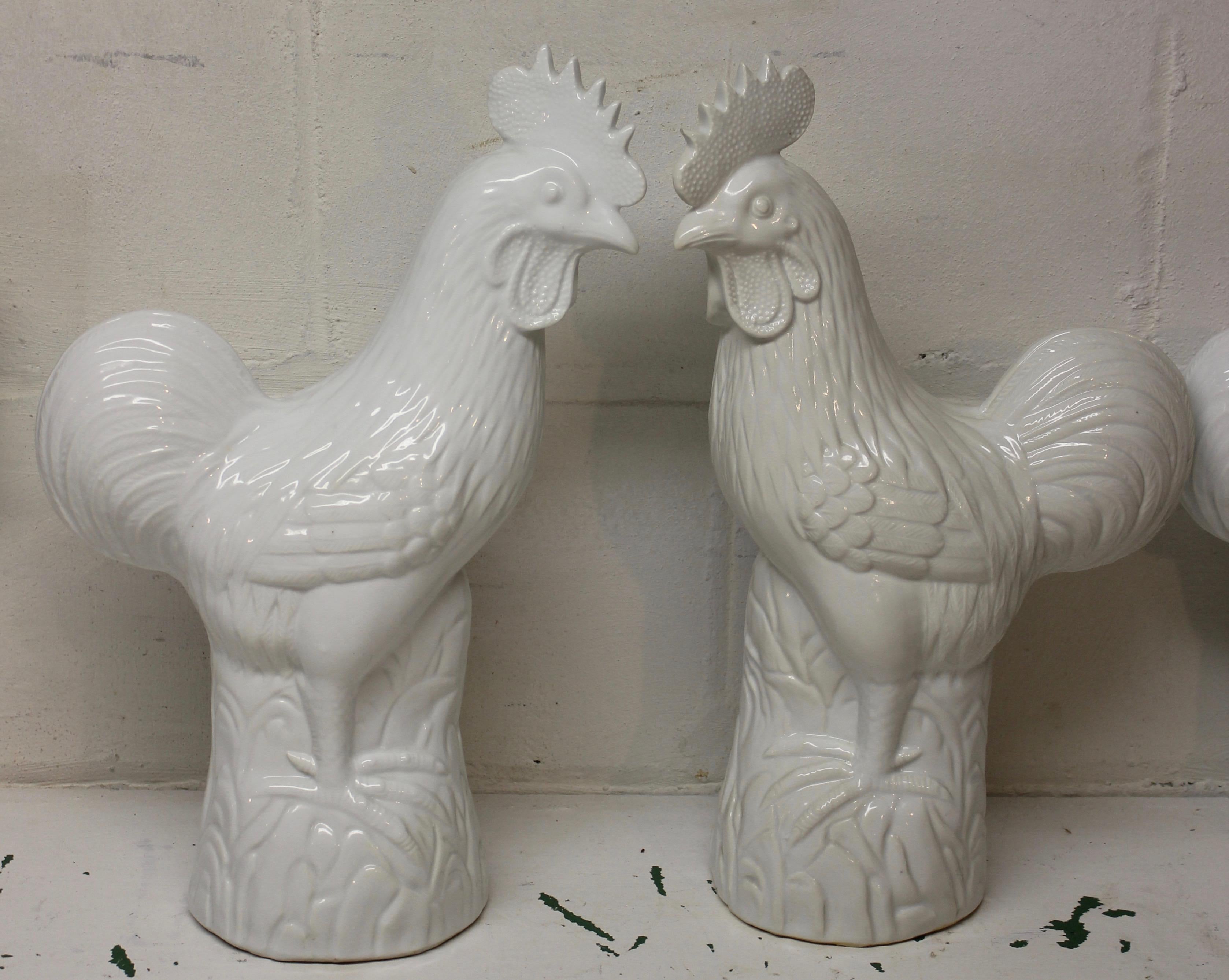 Pair of White Ceramic Roosters For Sale 1