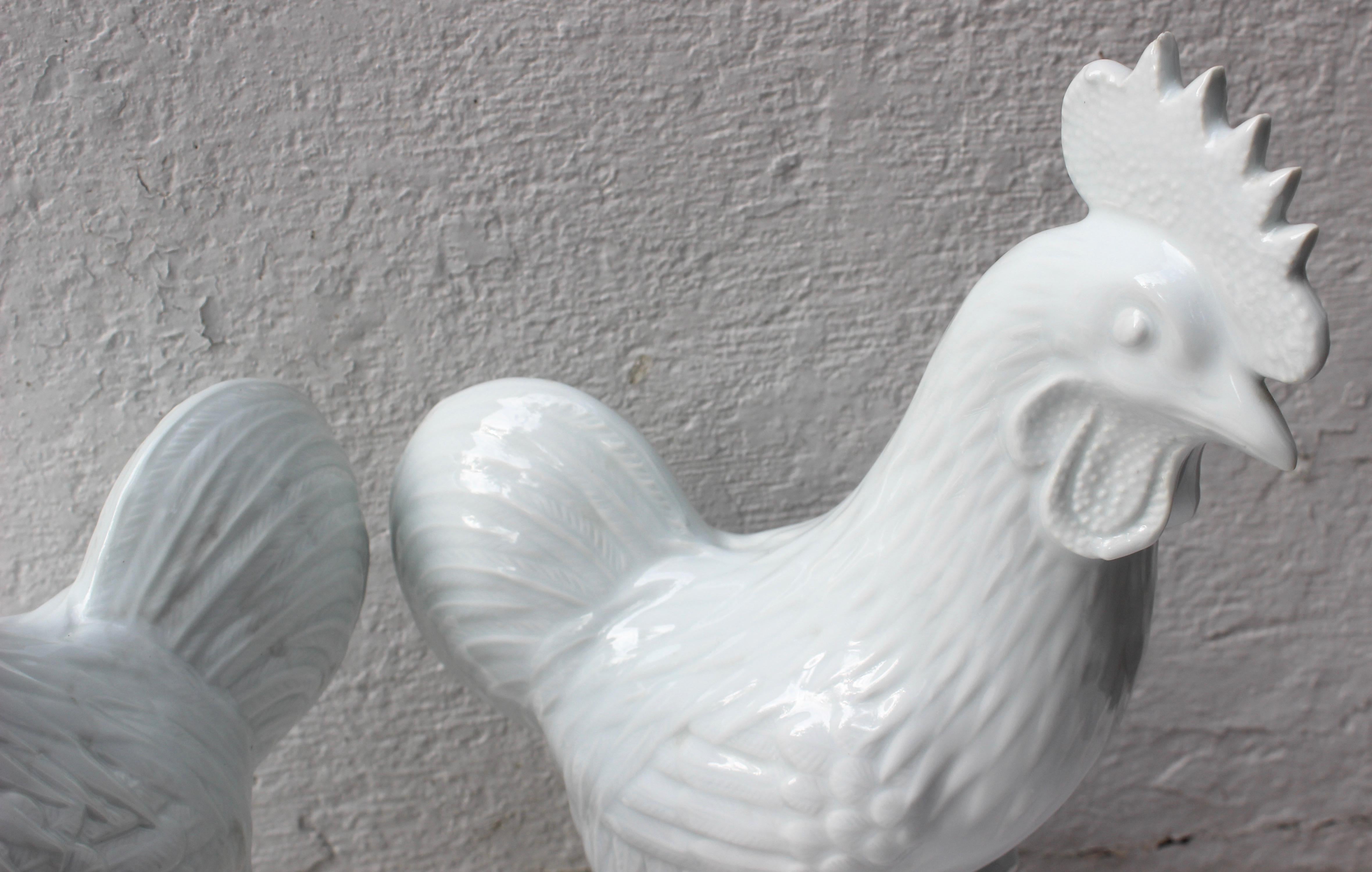 Pair of White Ceramic Roosters For Sale 2