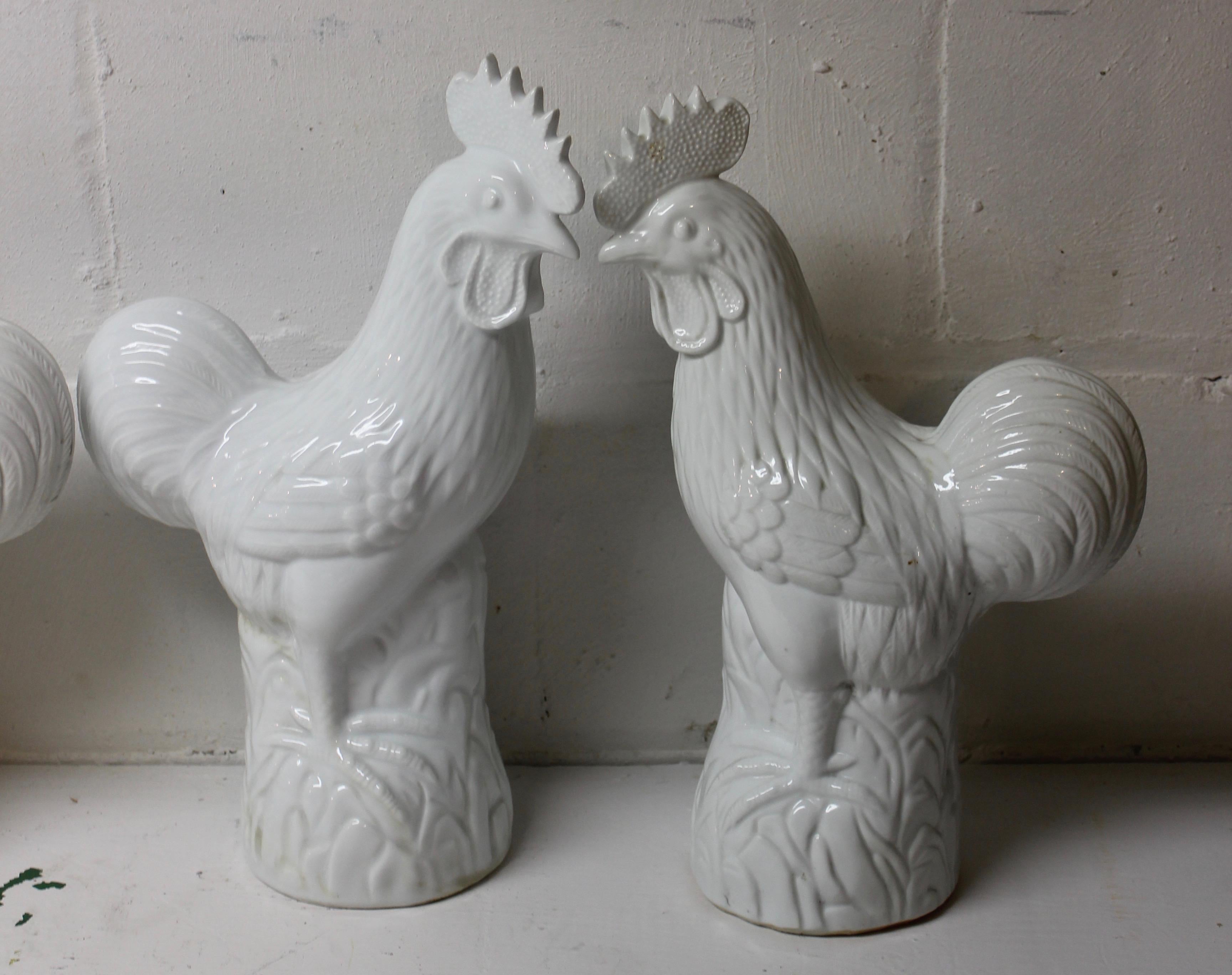 Pair of White Ceramic Roosters For Sale 3