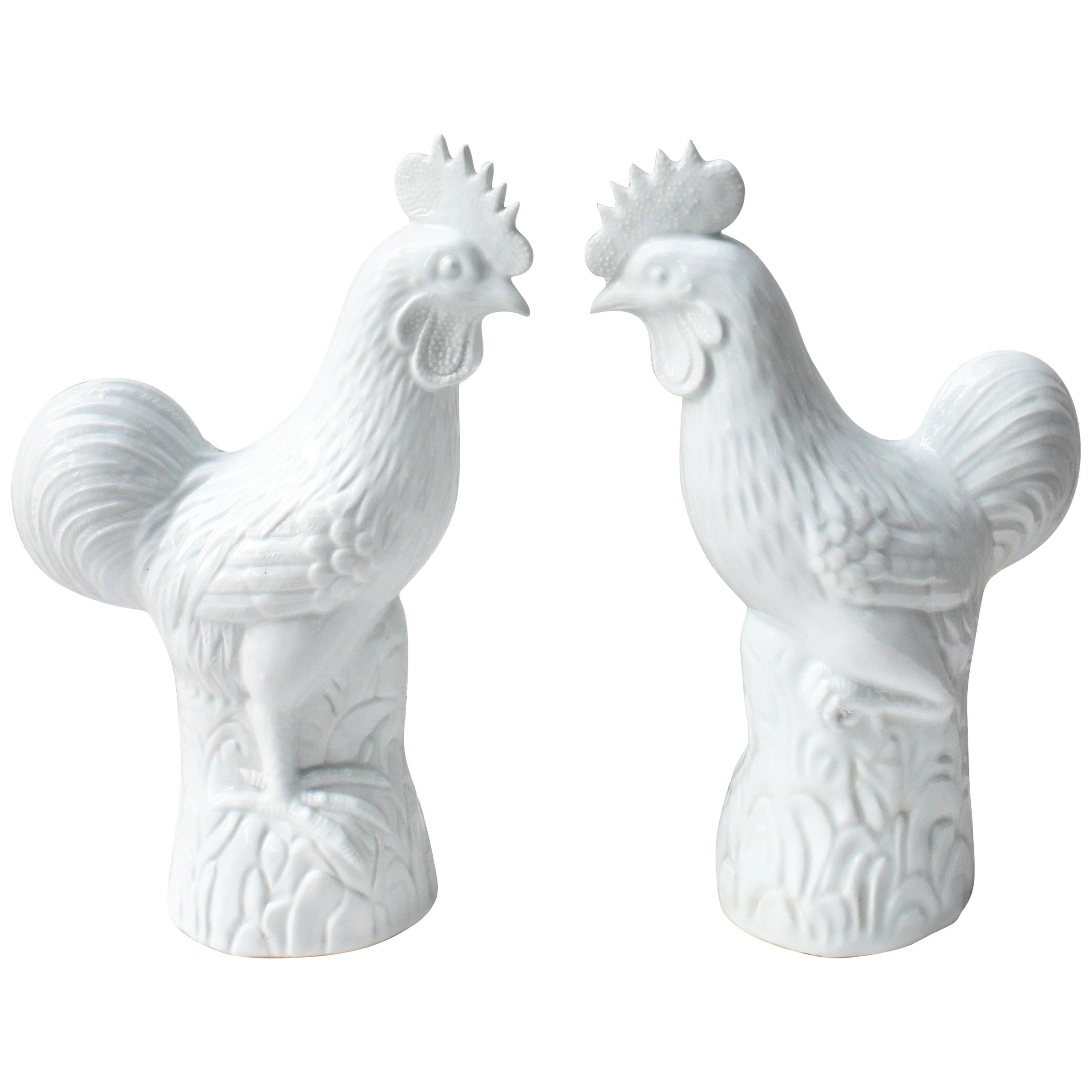 Pair of White Ceramic Roosters For Sale