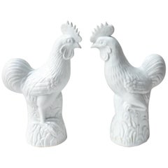 Pair of White Ceramic Roosters