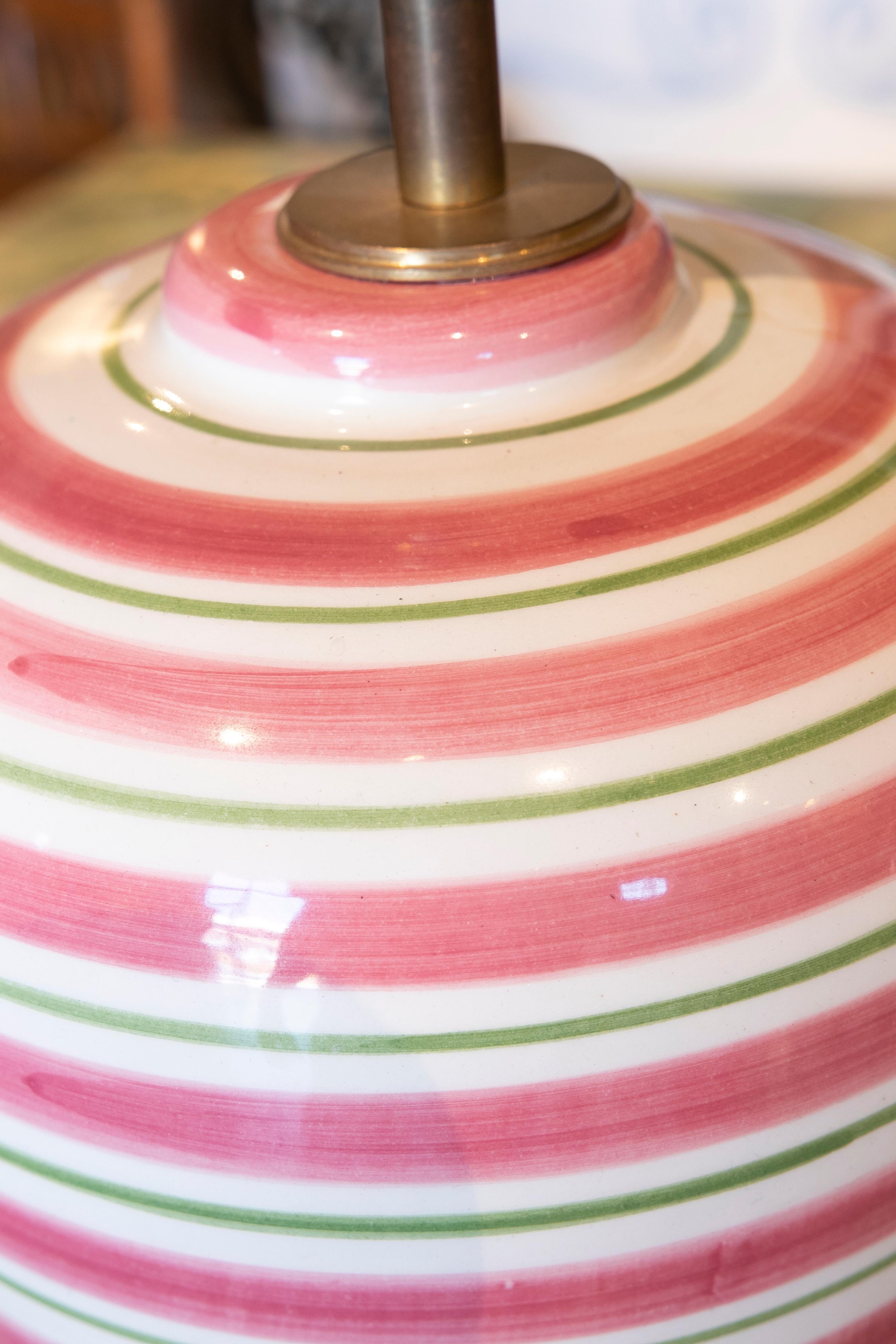 Pair of White Ceramic Table Lamps with Handpainted Red and Green Stripes 2