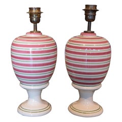 Vintage Pair of White Ceramic Table Lamps with Handpainted Red and Green Stripes