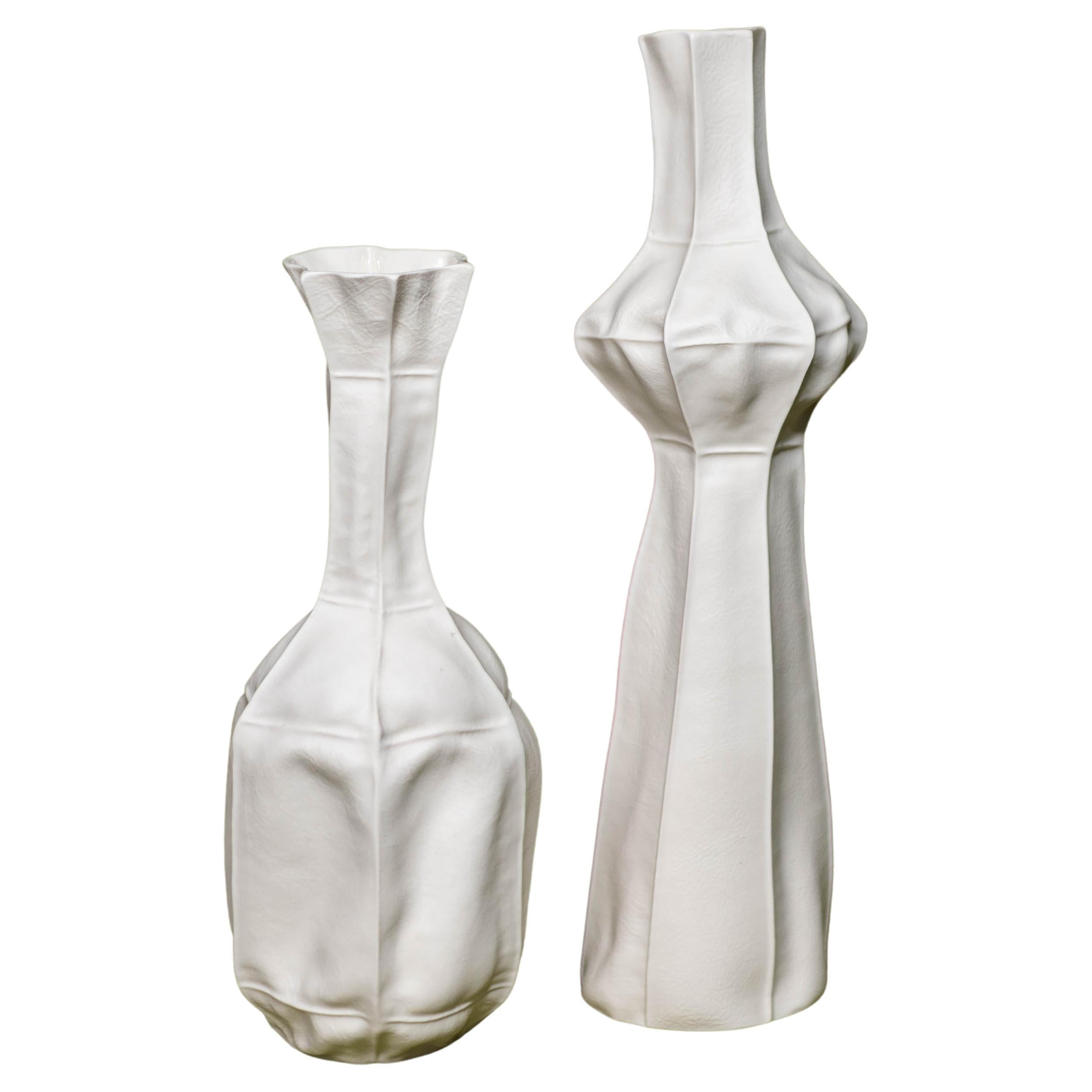 In Stock, Pair of White Ceramic Kawa Vases, by Luft Tanaka, organic, porcelain