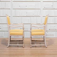 Pair of White Cerused Oak Armchairs with Carved Elements and Yellow Upholstery