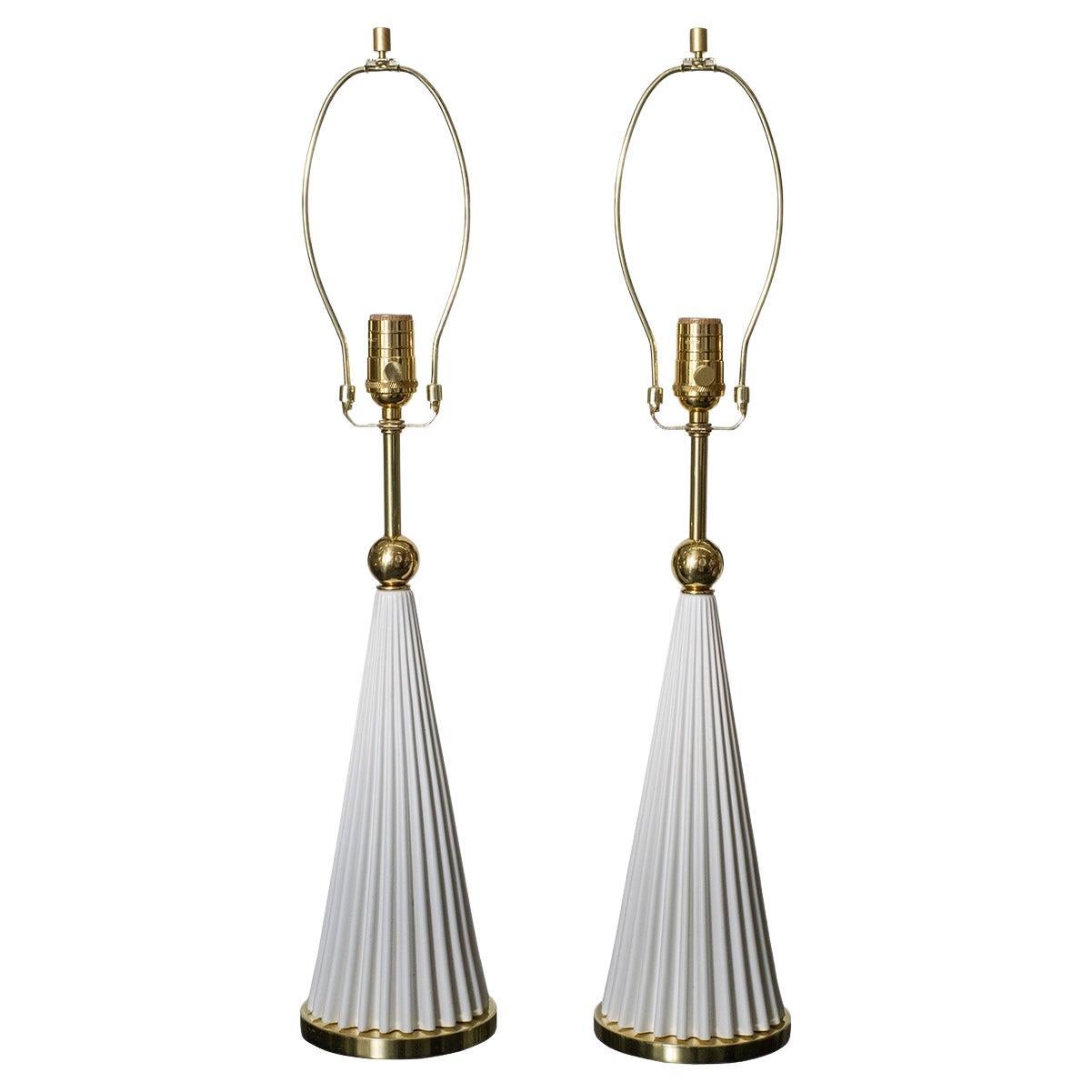 Pair of white conical metal table lamps