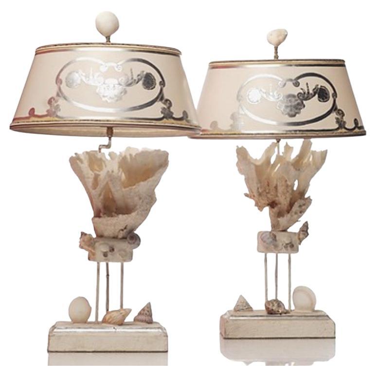 Pair of White Coral Lamps with Sea Shell For Sale