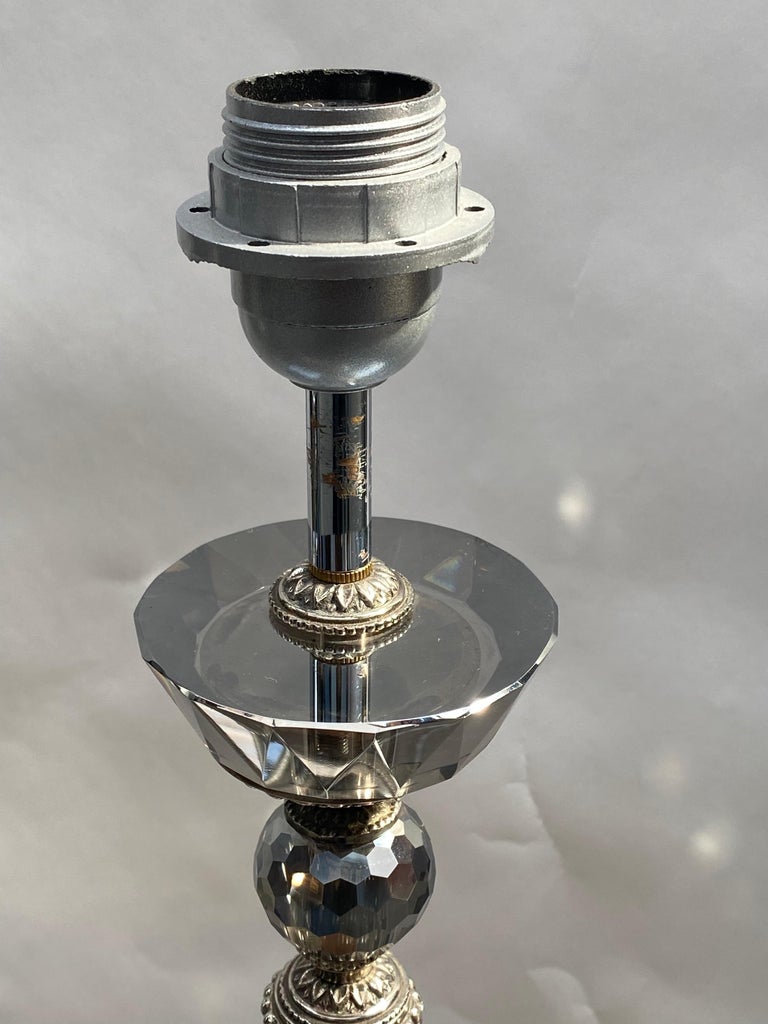 Pair of White Crystal Lamp Bases with Silver Bronze For Sale at 1stDibs