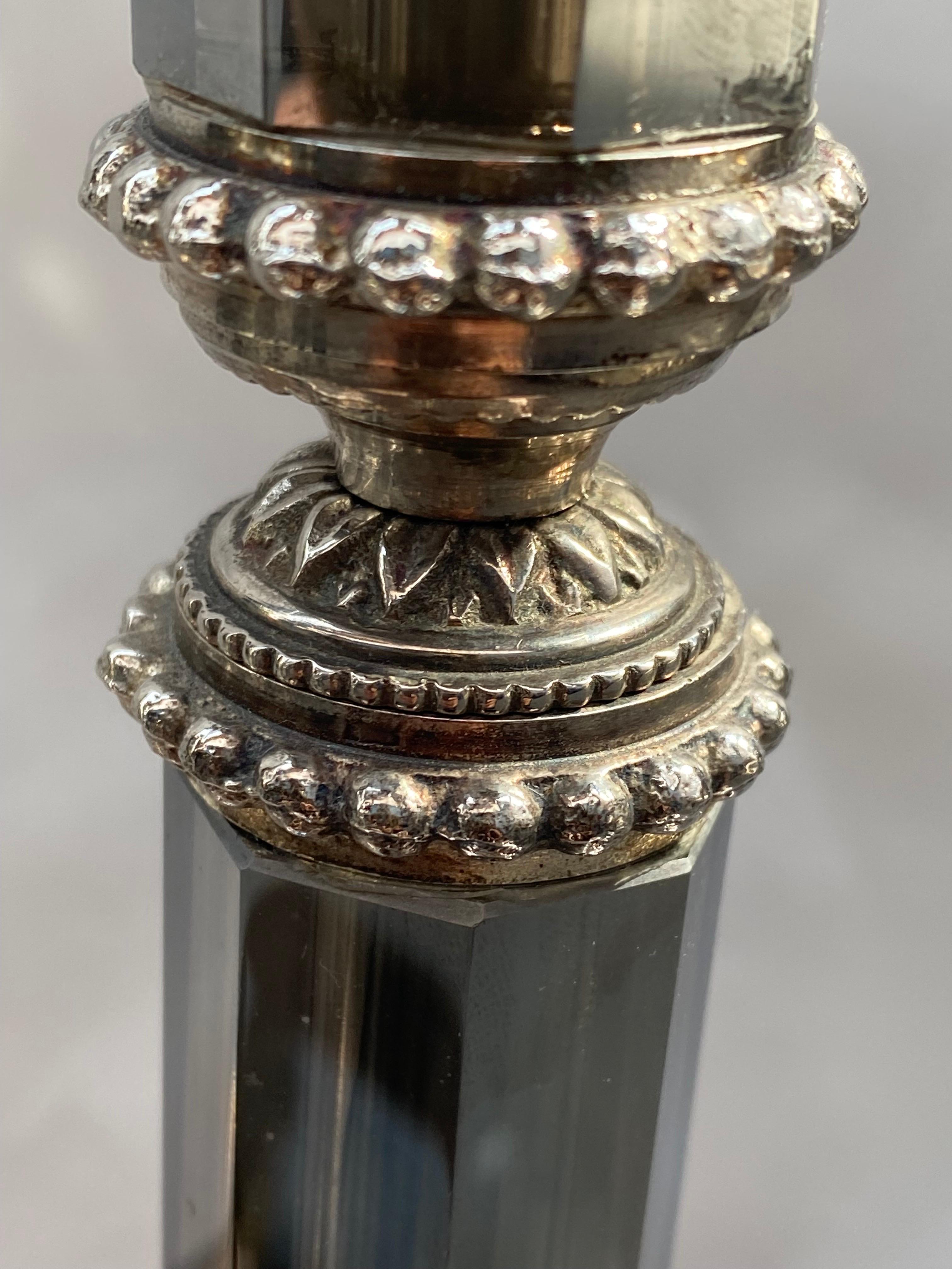 Pair of White Crystal Lamp Bases with Silver Bronze In Good Condition For Sale In Paris, France