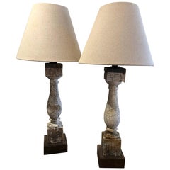 Pair of White Distressed Wooden Balustrade Table Lamps with Linen Shades