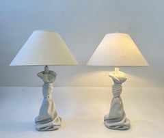 Pair of White Draped Plaster and Brass Table Lamps