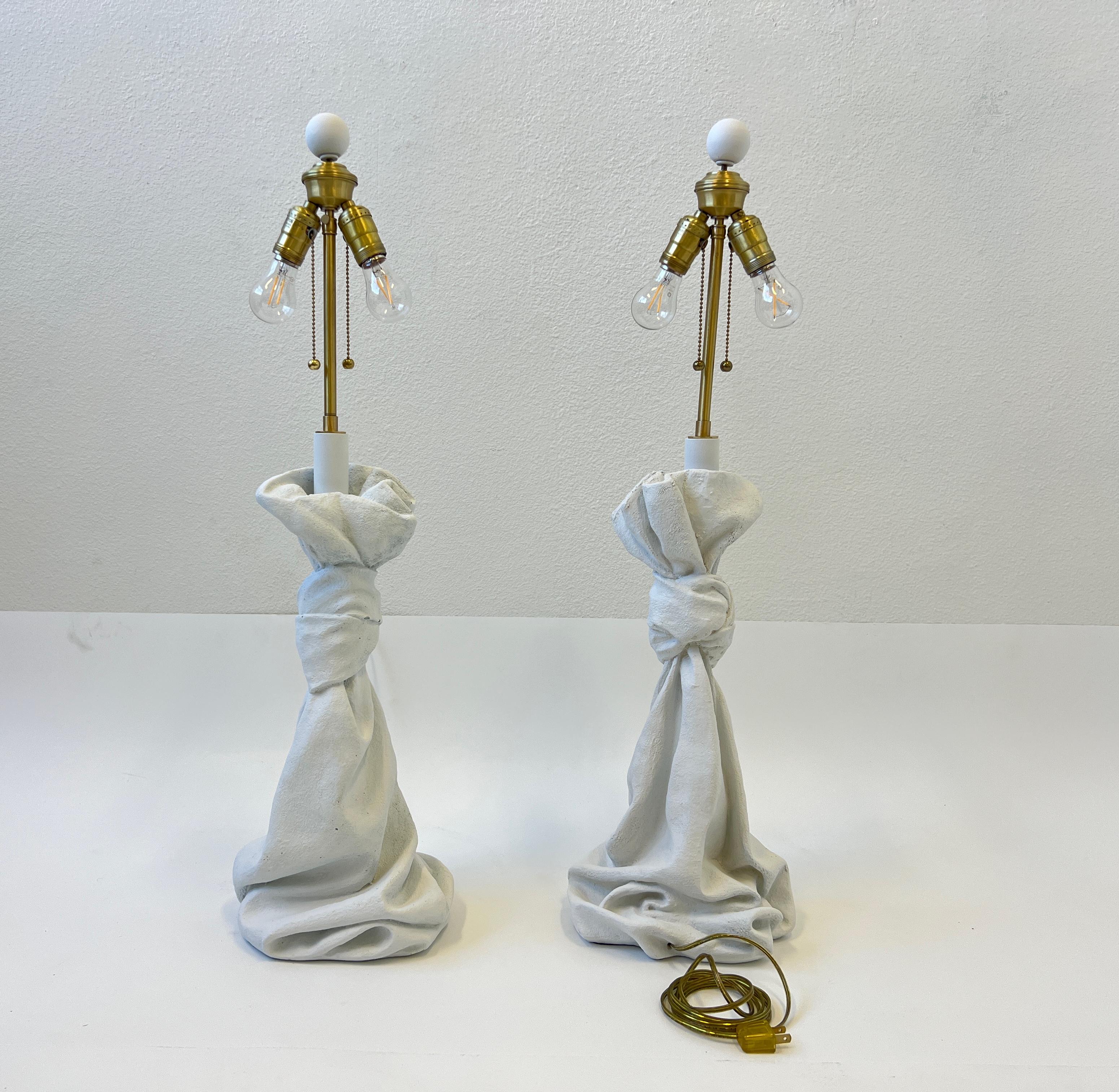 Pair of White Draped Plaster and Brass Table Lamps For Sale 1