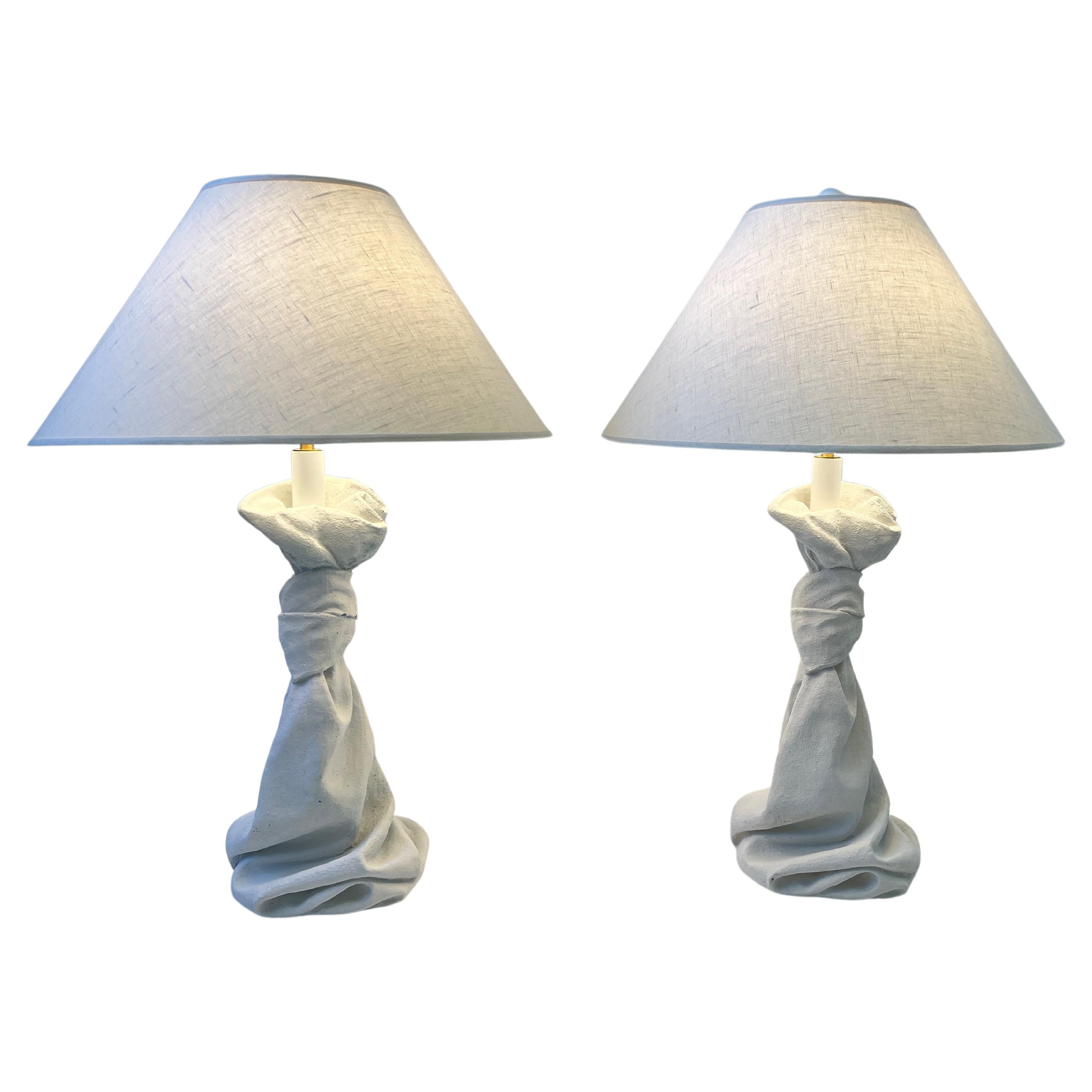 Pair of White Draped Plaster and Brass Table Lamps