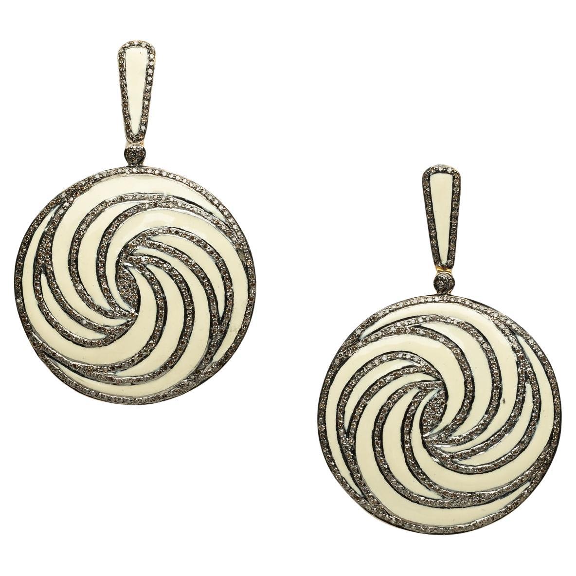 Pair of White Enamel and Diamond Dangle Earrings