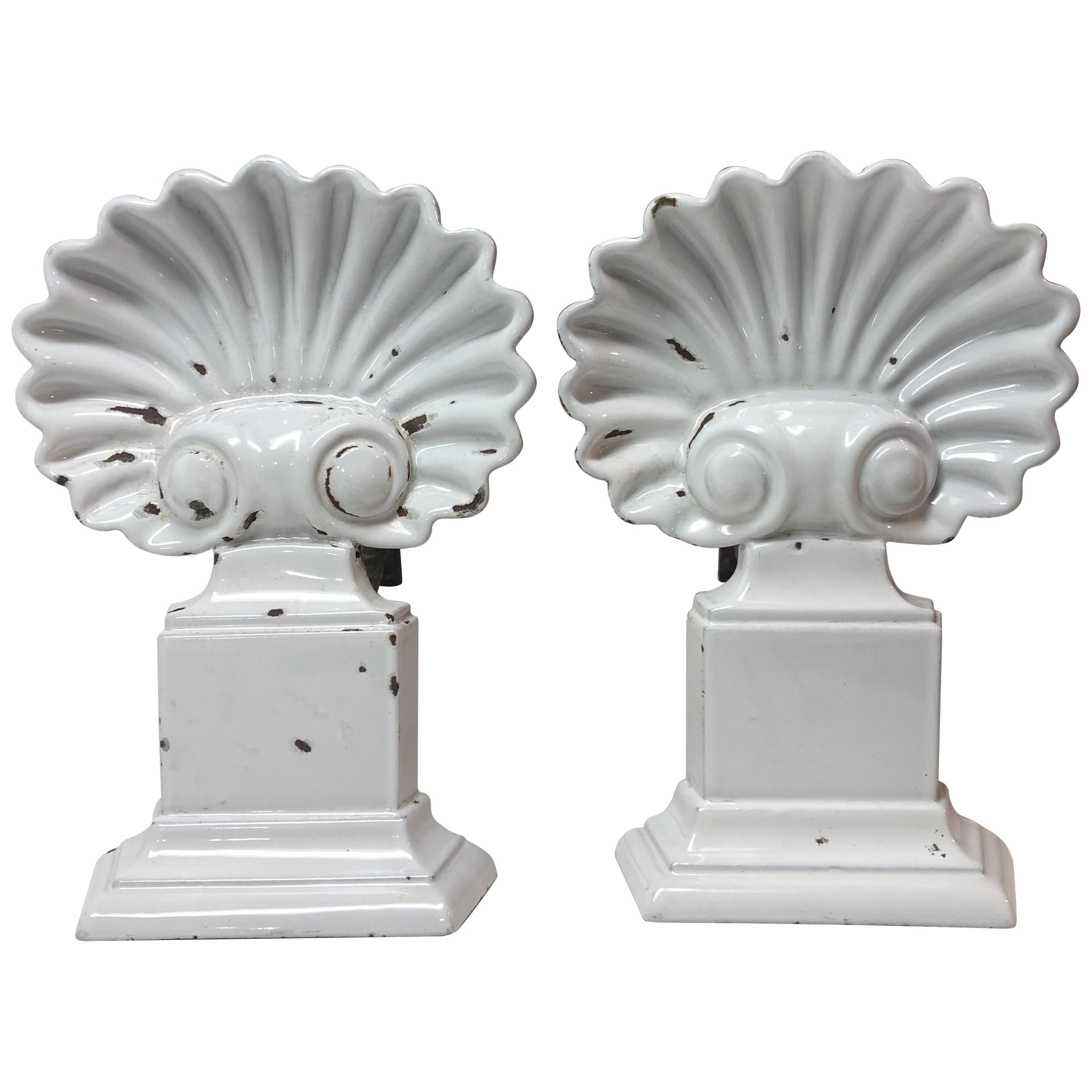 Pair of White Enamel Shell Andirons
