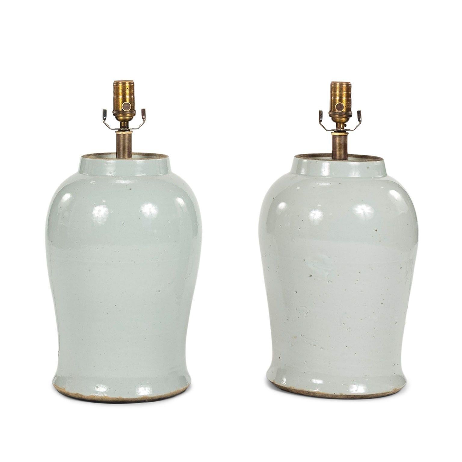 Modern Pair of White Faience Jar Lamps For Sale