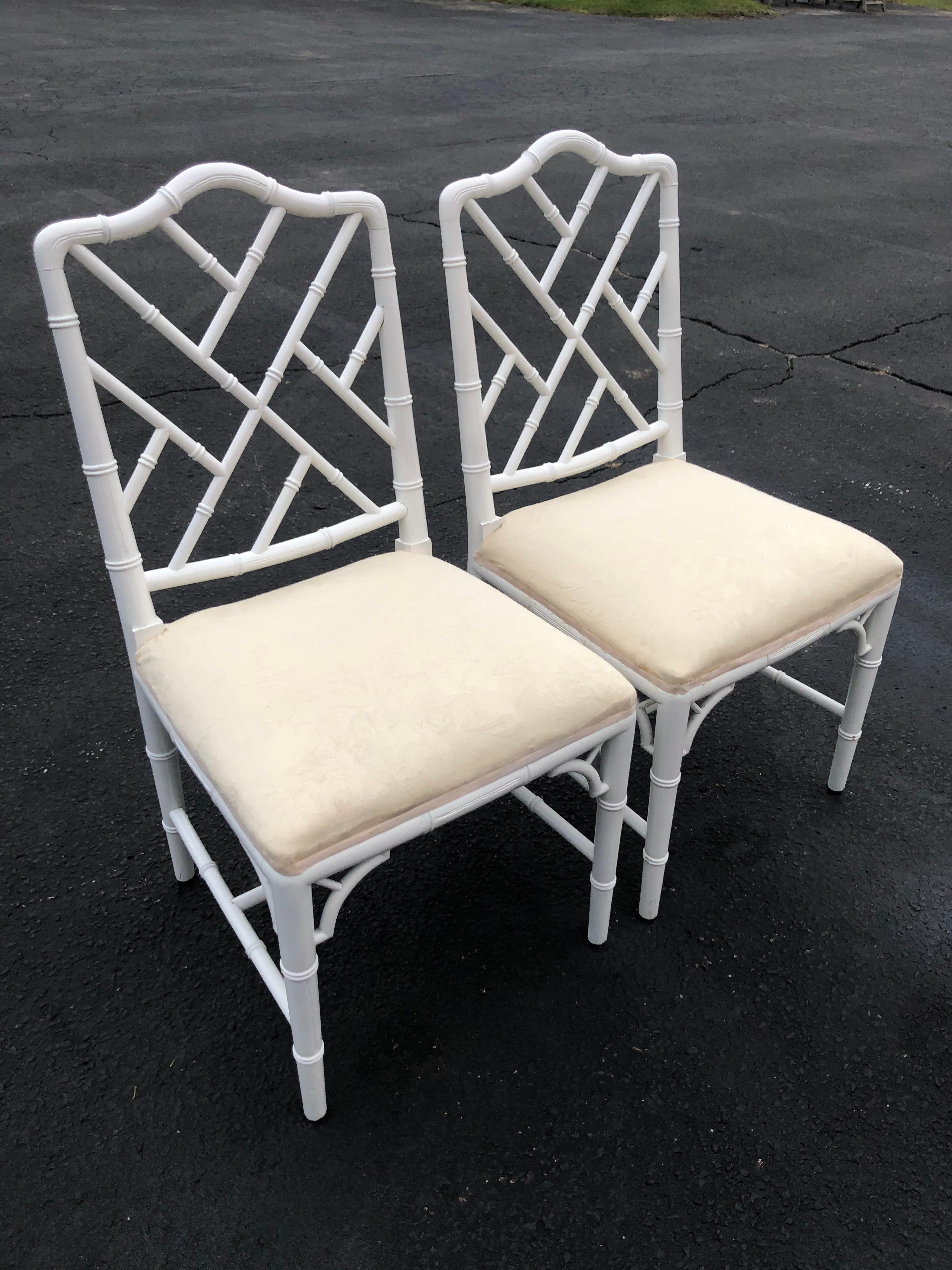 Mid-Century Modern Pair of White Faux Bamboo Chinoiserie Chairs