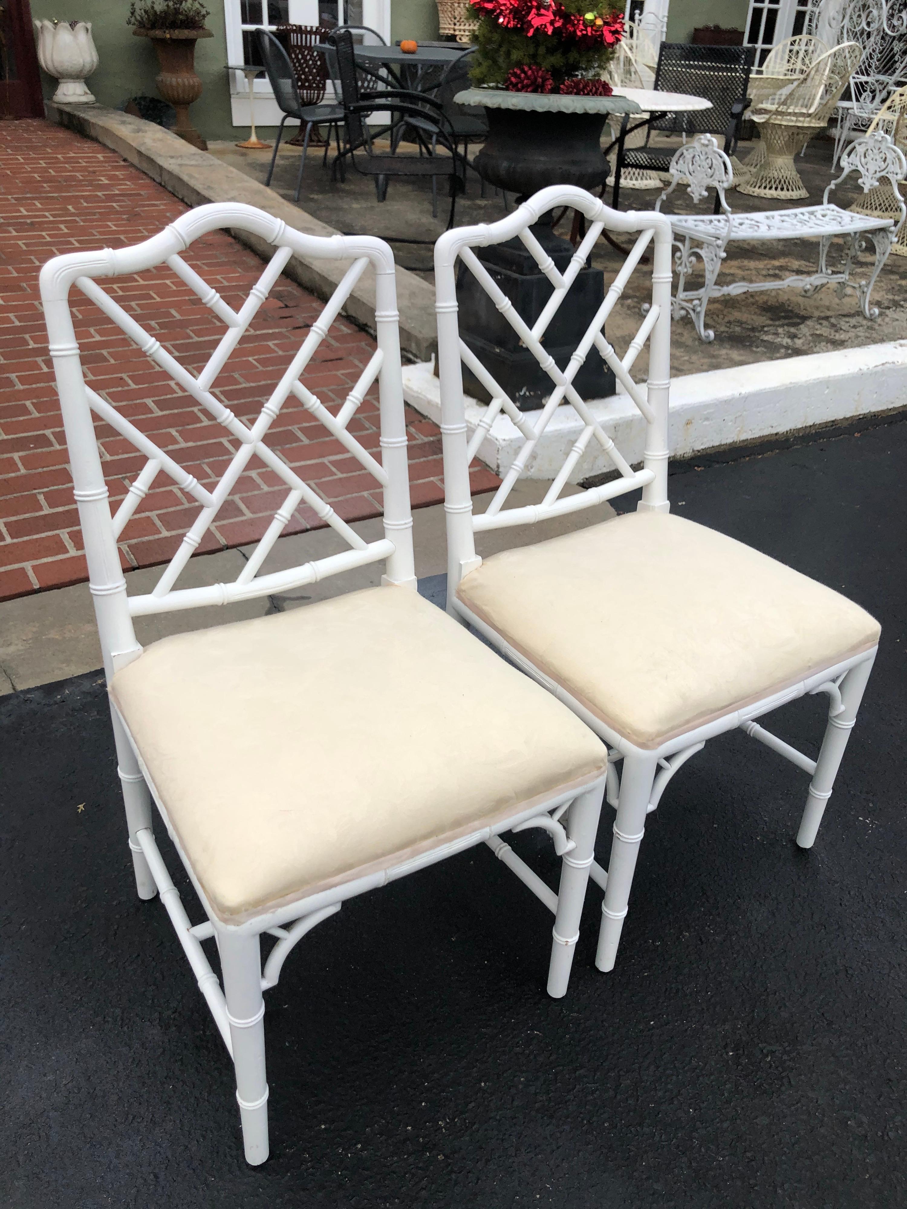 Late 20th Century Pair of White Faux Bamboo Chinoiserie Chairs