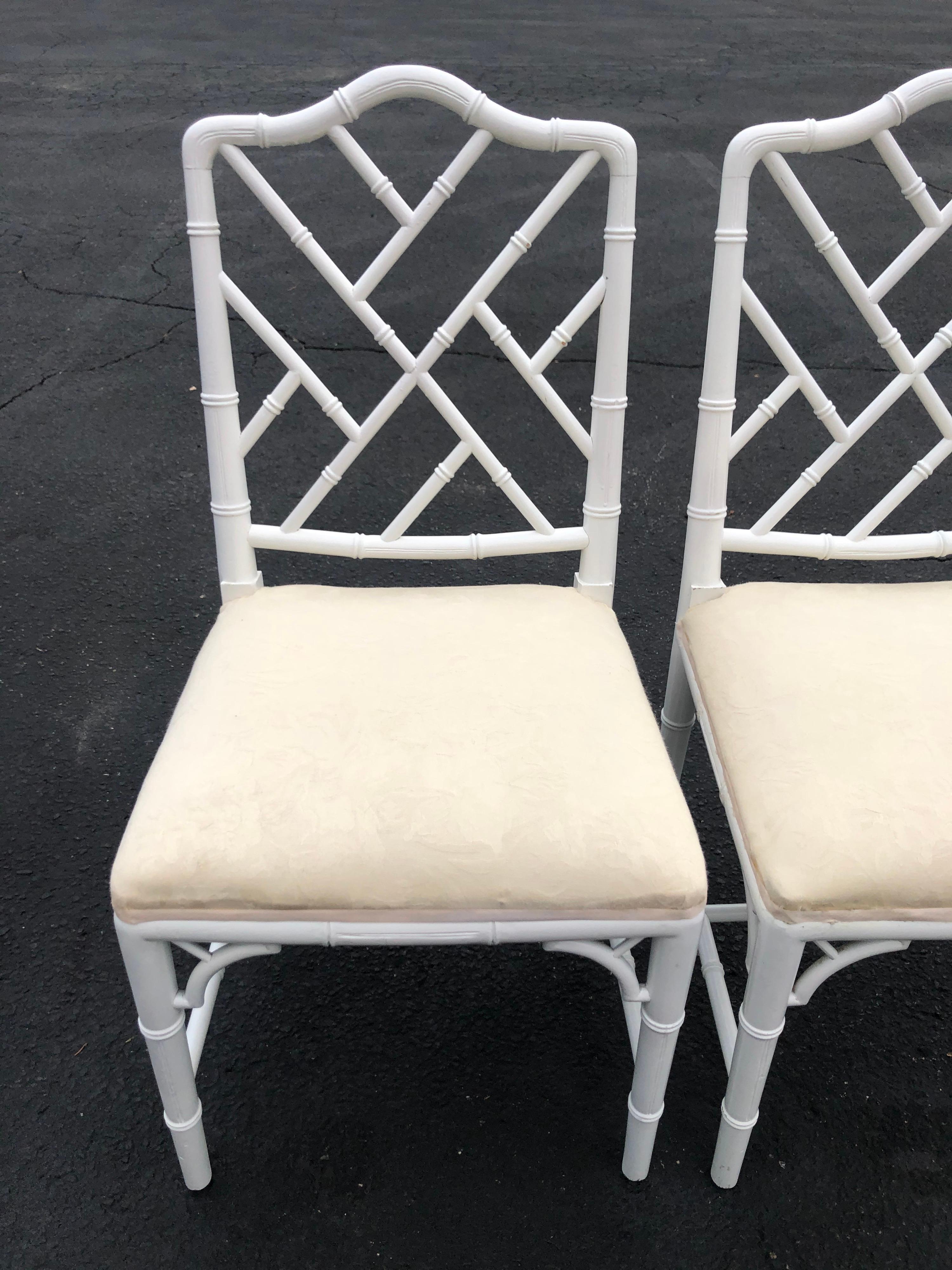 Upholstery Pair of White Faux Bamboo Chinoiserie Chairs