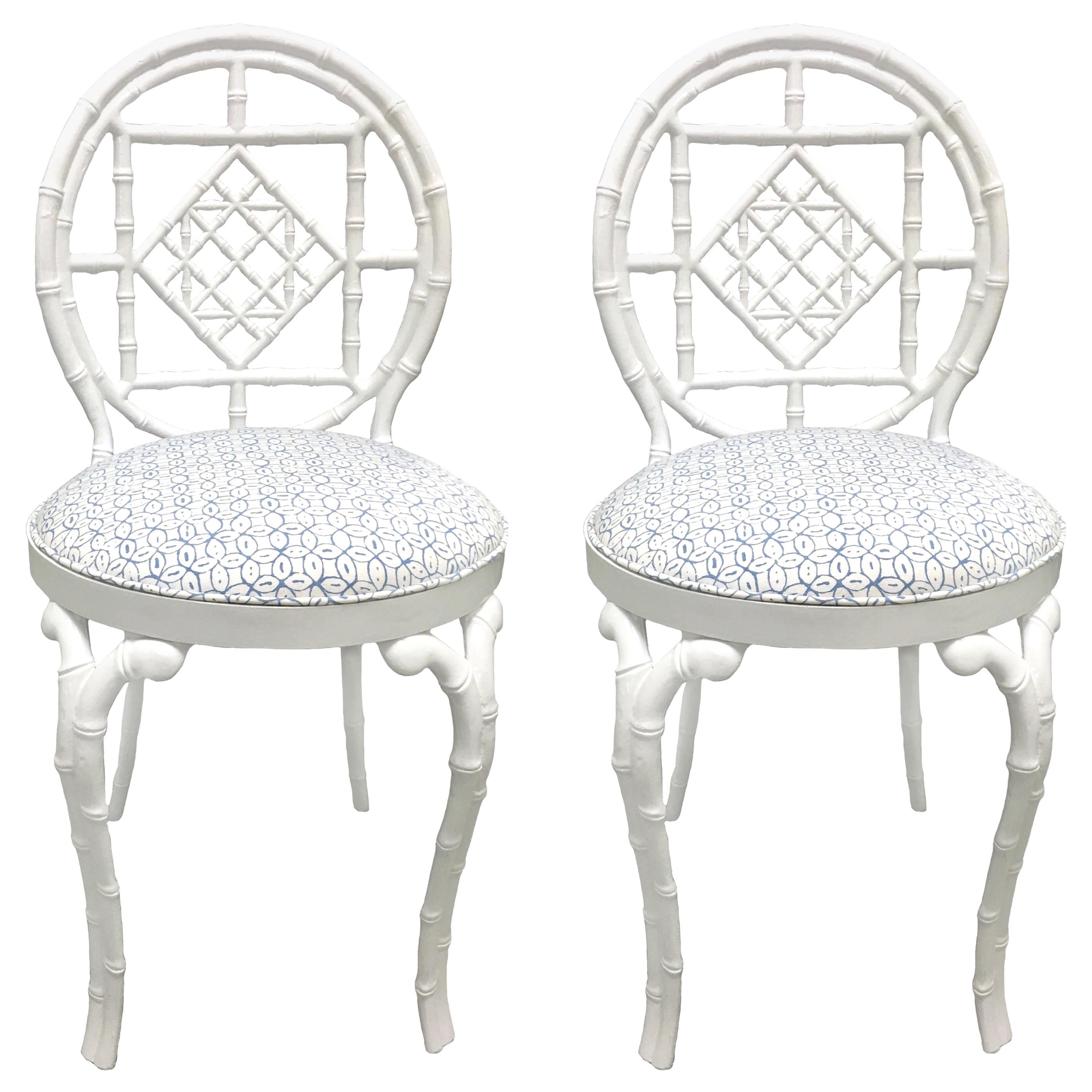 Pair of White Faux Bamboo Chinoiserie Metal Chairs