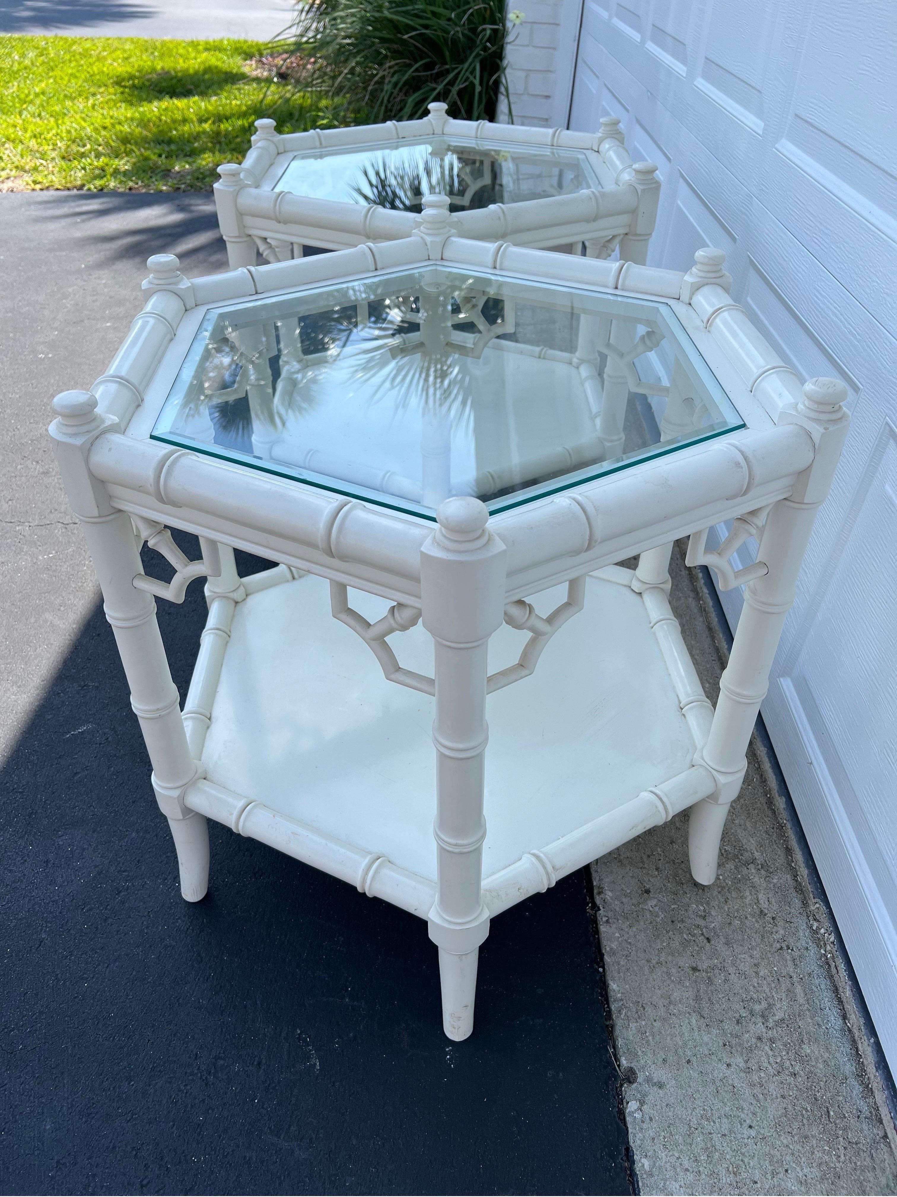 American Pair of White Faux Bamboo Octagonal Tables by Thomasville For Sale