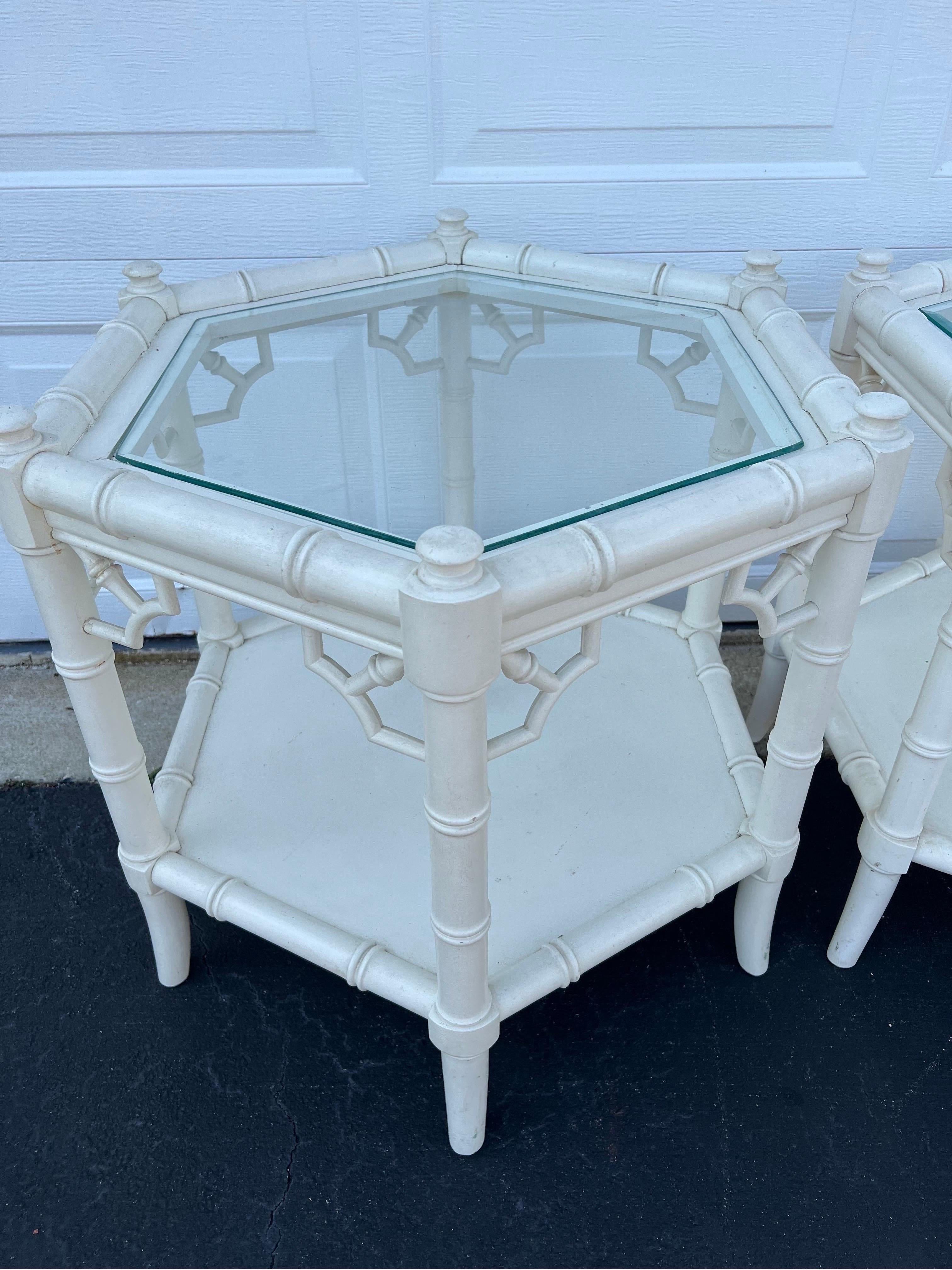 Pair of White Faux Bamboo Octagonal Tables by Thomasville For Sale 4