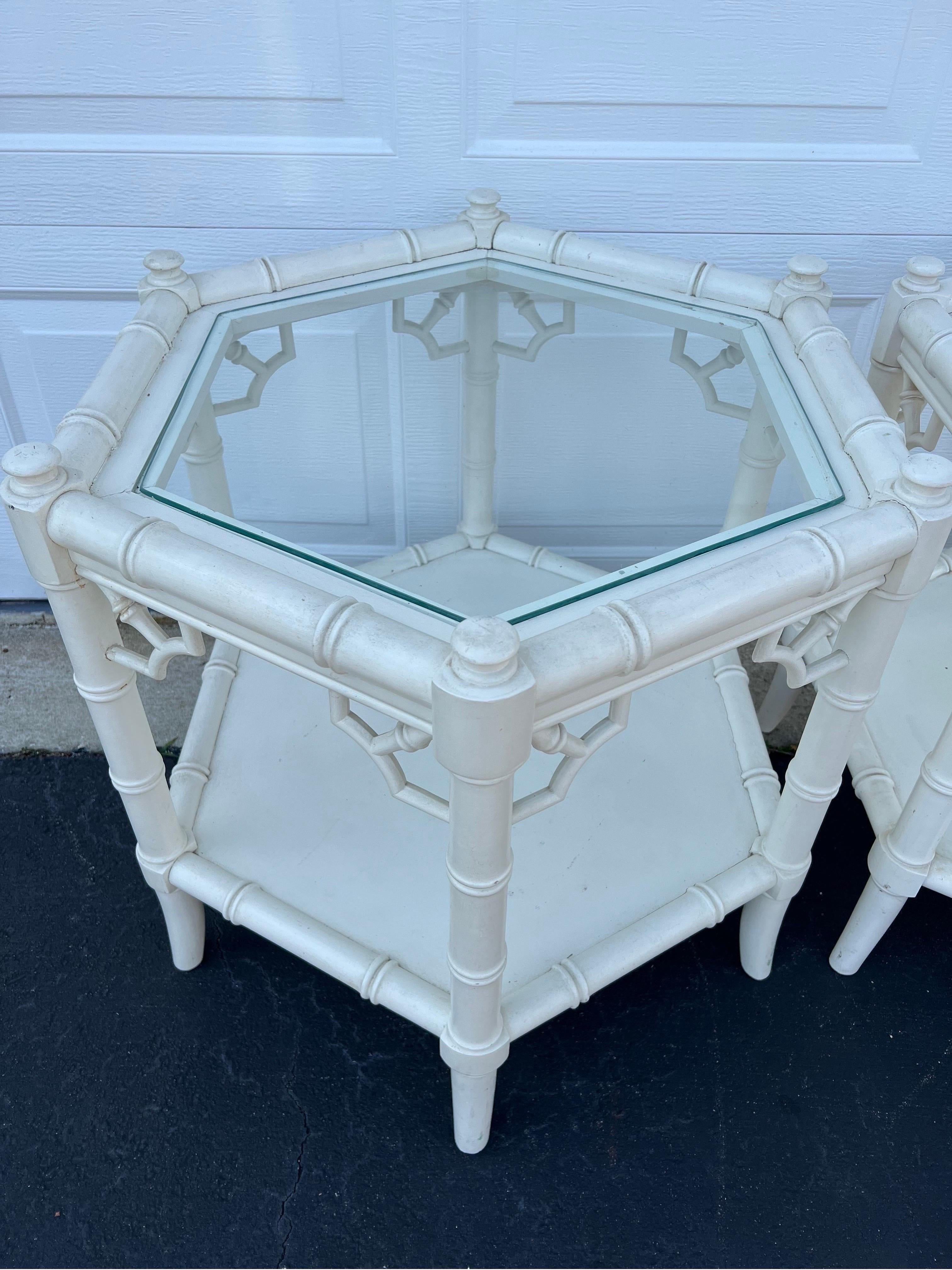 Pair of White Faux Bamboo Octagonal Tables by Thomasville For Sale 5