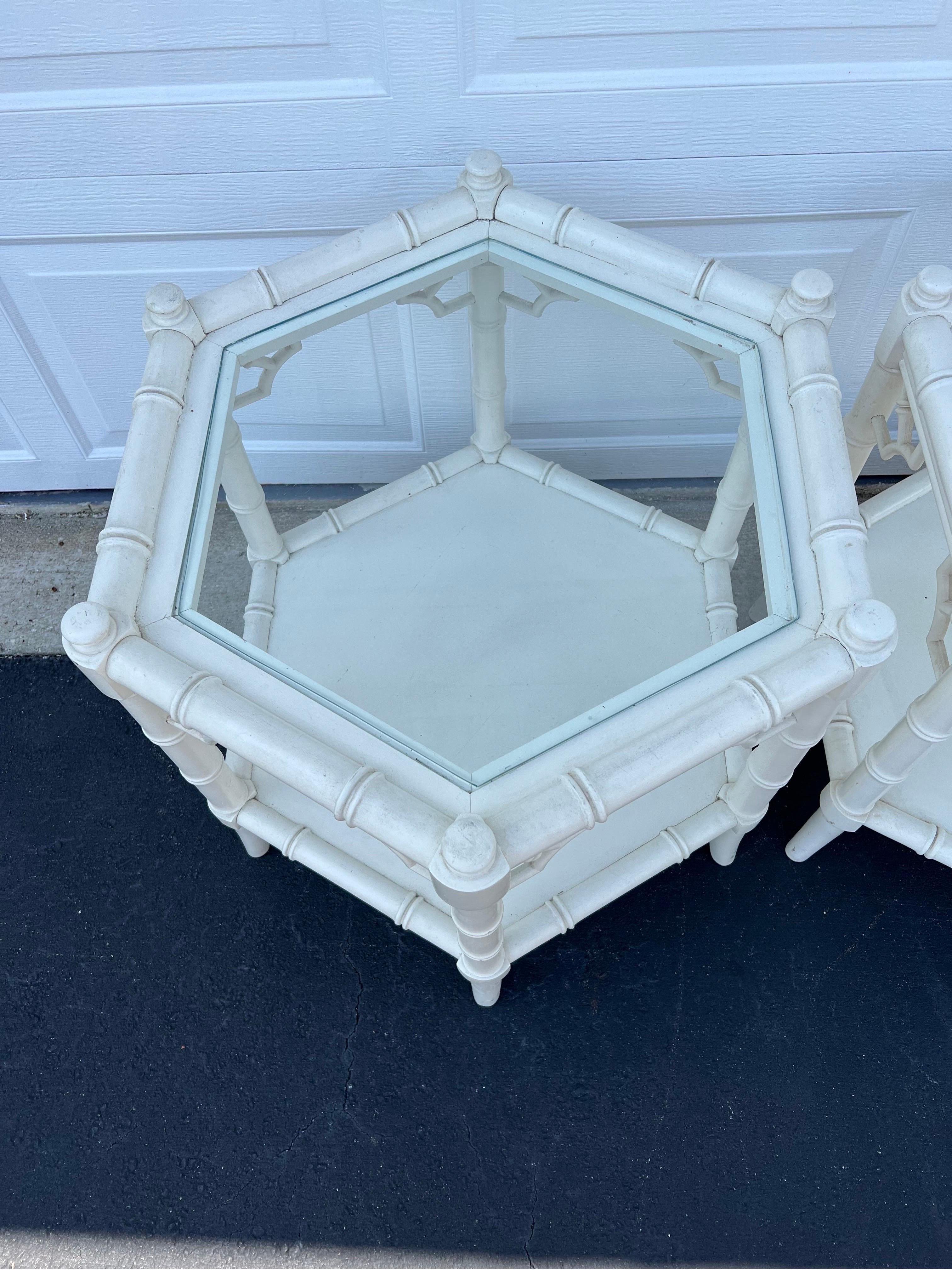 Pair of White Faux Bamboo Octagonal Tables by Thomasville For Sale 8