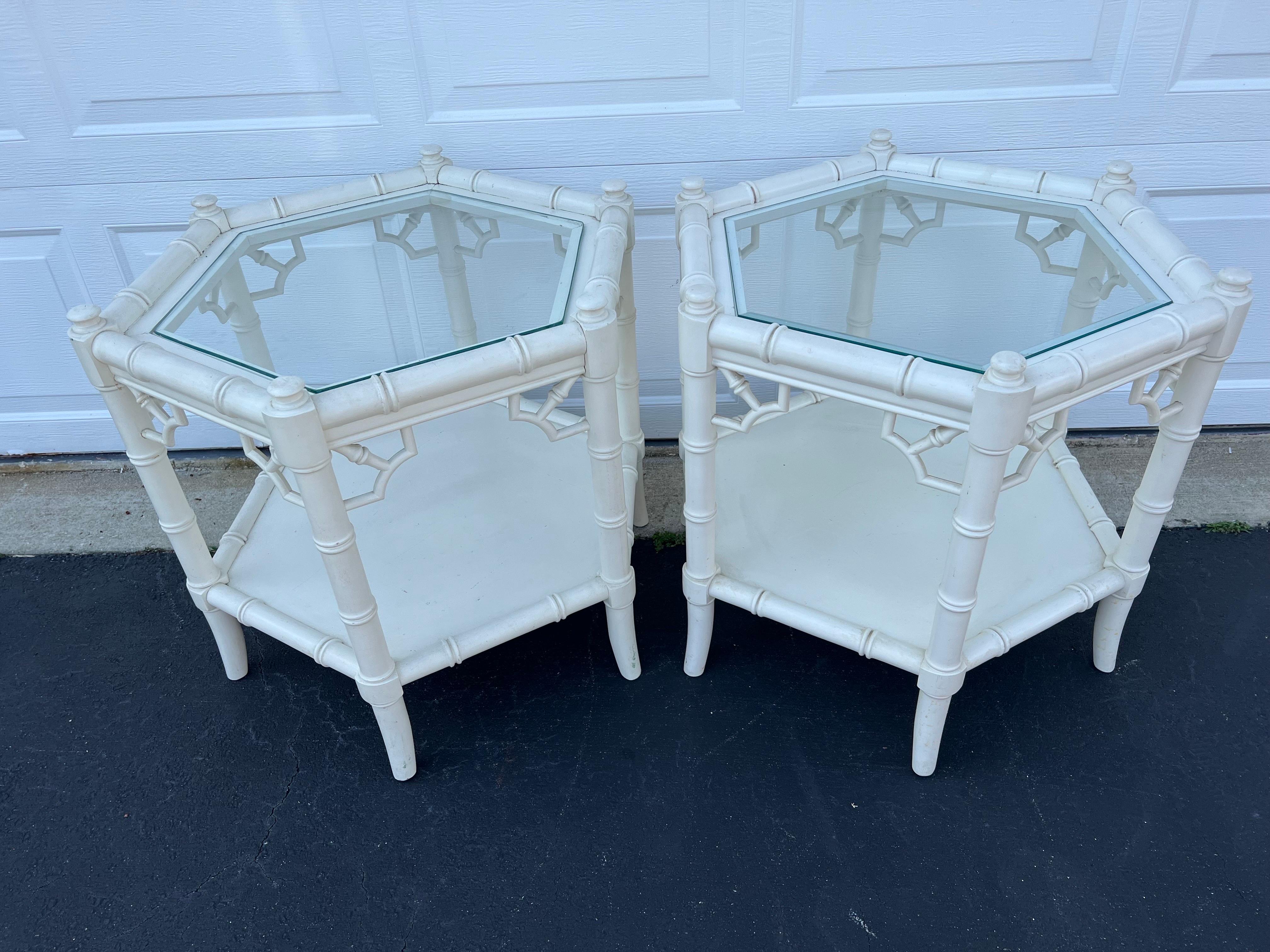 Glass Pair of White Faux Bamboo Octagonal Tables by Thomasville For Sale