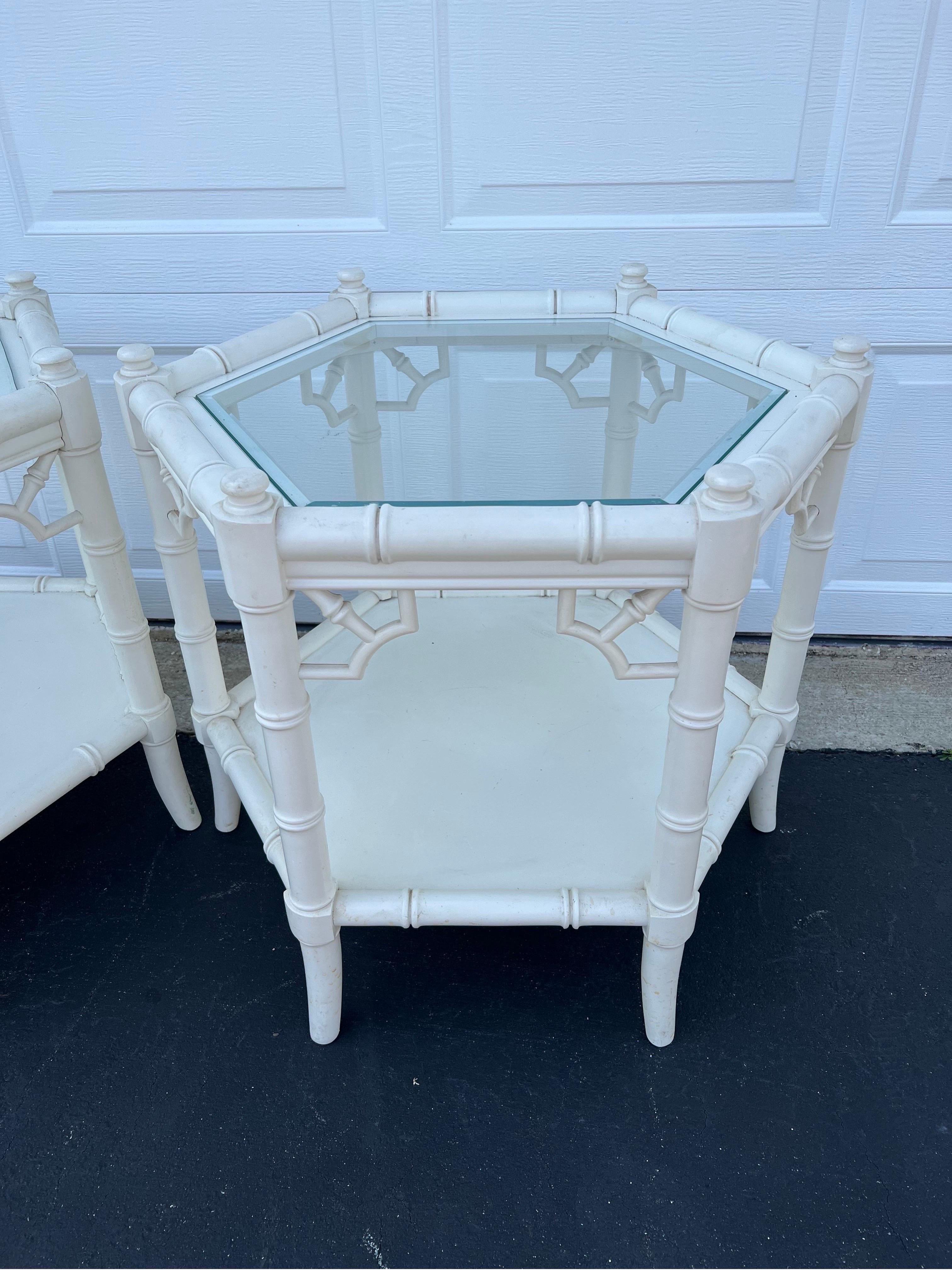 Pair of White Faux Bamboo Octagonal Tables by Thomasville For Sale 3