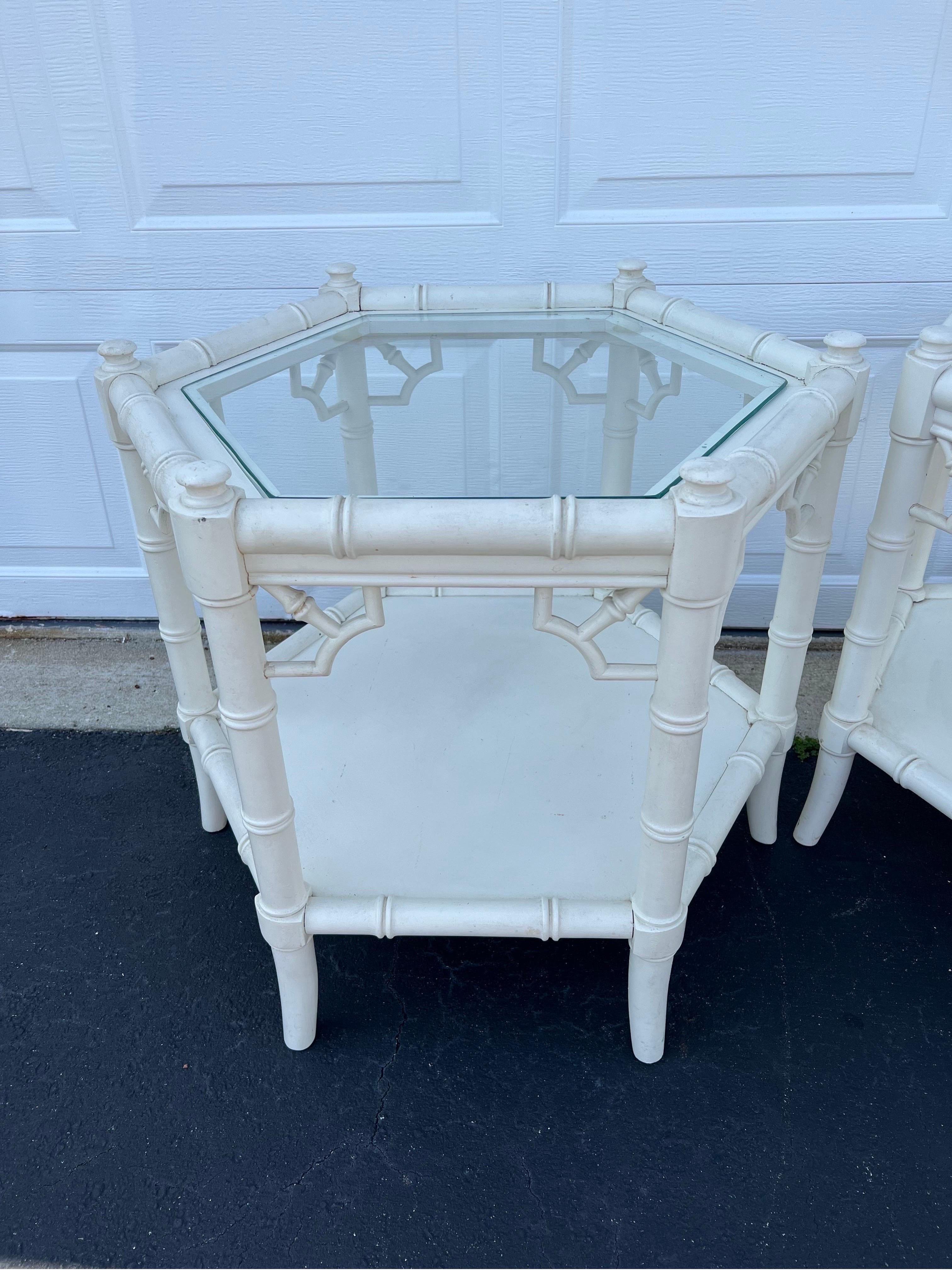 Pair of White Faux Bamboo Octagonal Tables by Thomasville For Sale 6