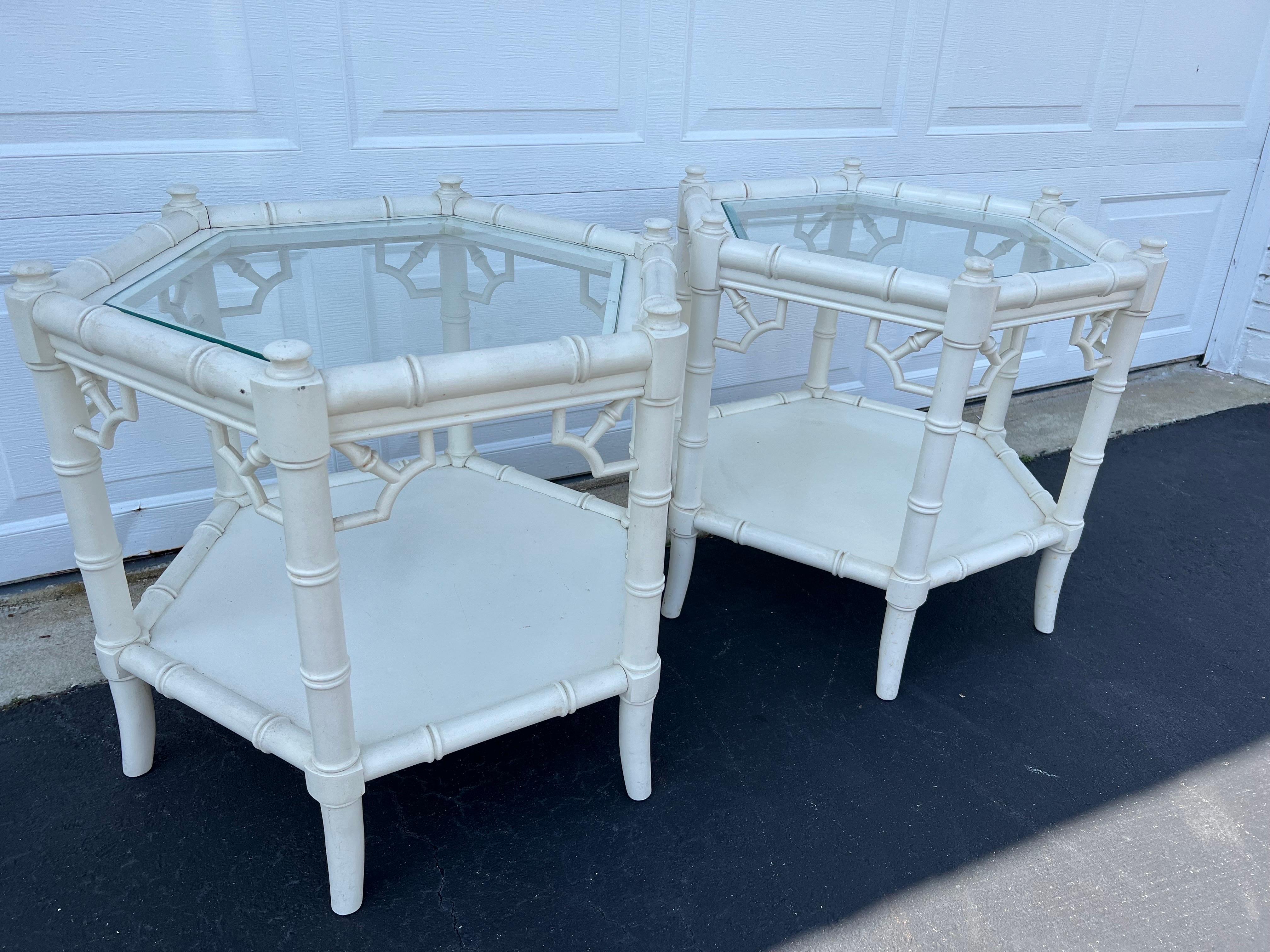 Chinoiserie Pair of White Faux Bamboo Octagonal Tables by Thomasville For Sale