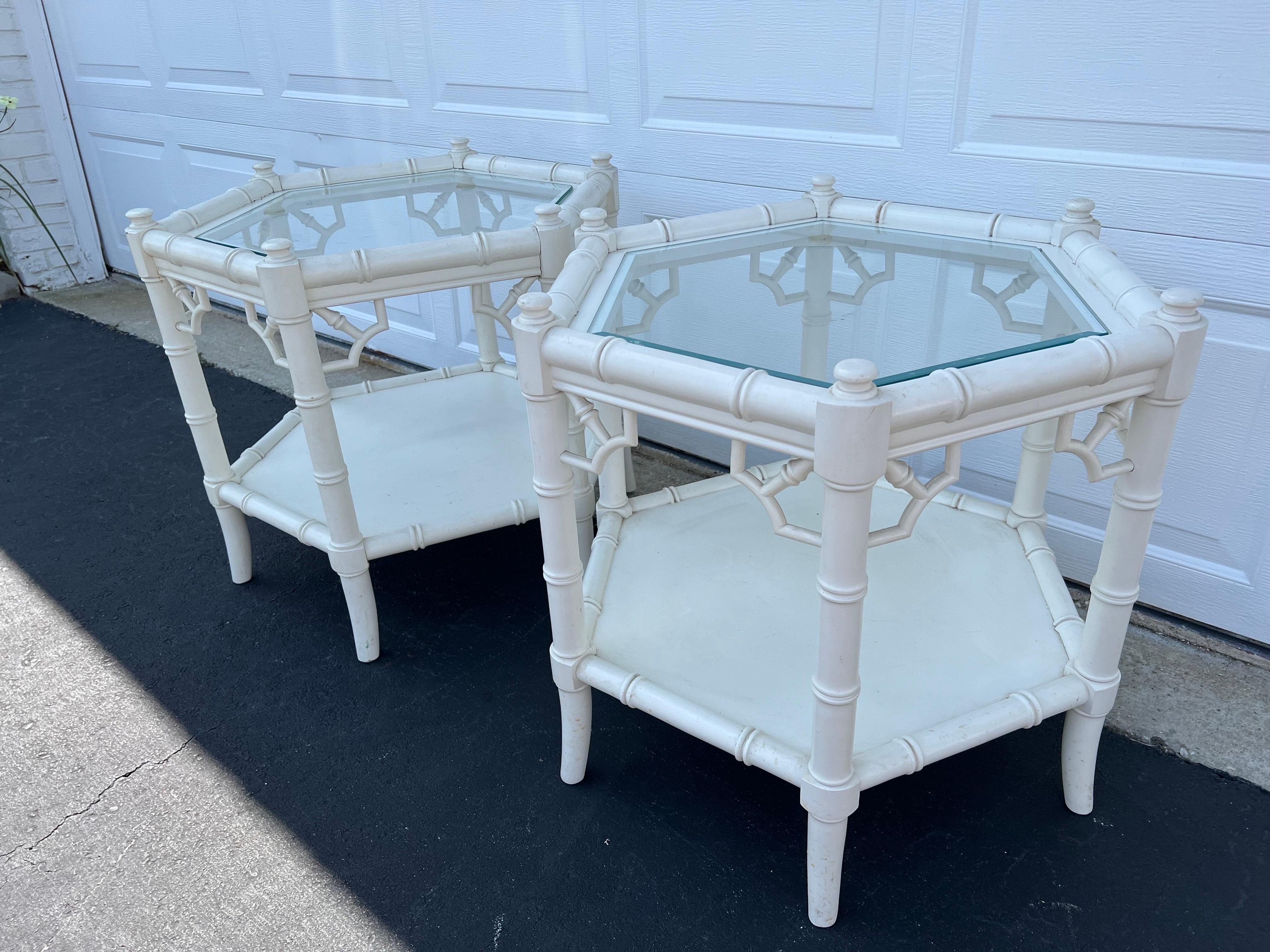 Late 20th Century Pair of White Faux Bamboo Octagonal Tables by Thomasville For Sale