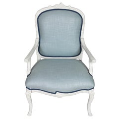 Pair of White Faux Bois Armchairs With Pierre Frey Blue Upholstery