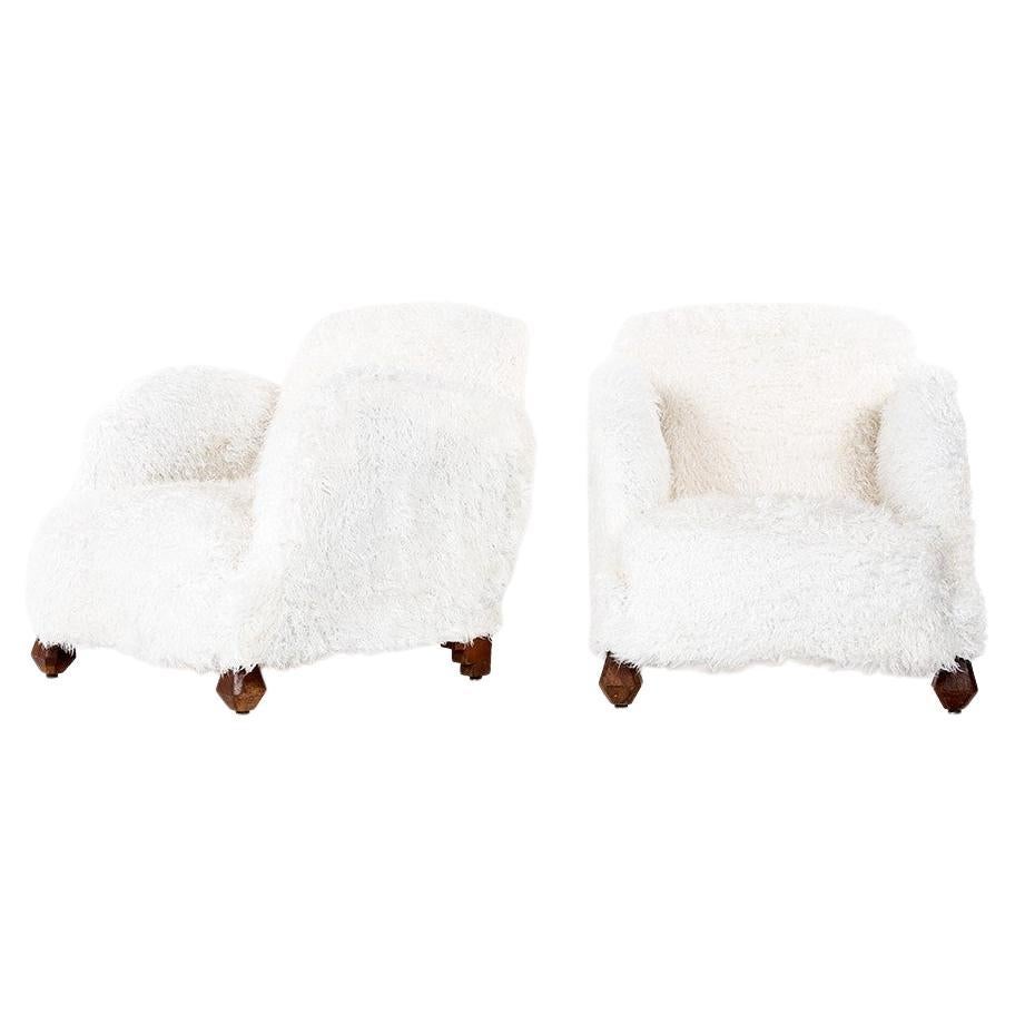 Pair of White Faux Fur Armchairs with Geometrical Legs