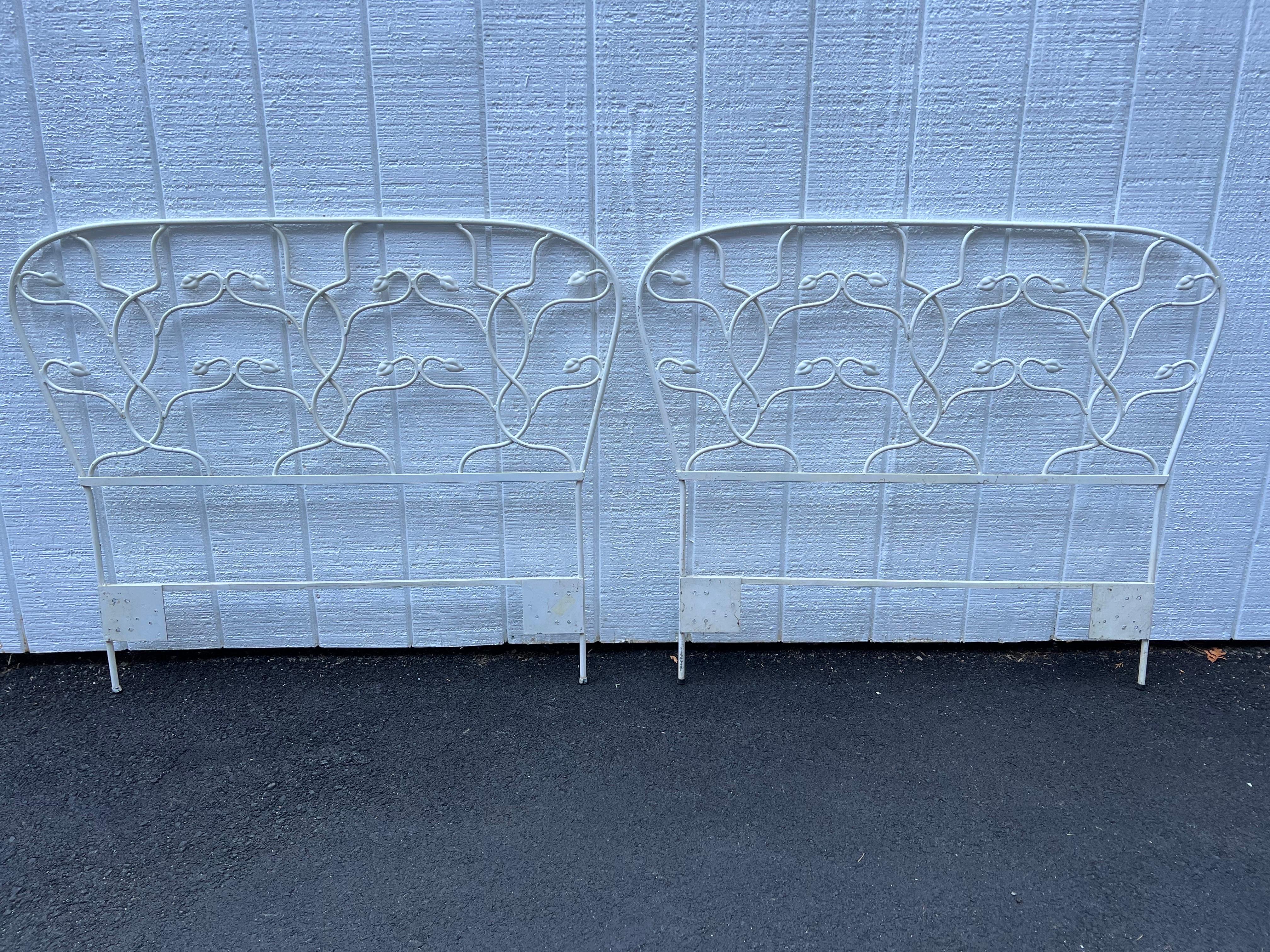 Bohemian Pair of White Floral Iron Twin Headboards Signed Salterini For Sale