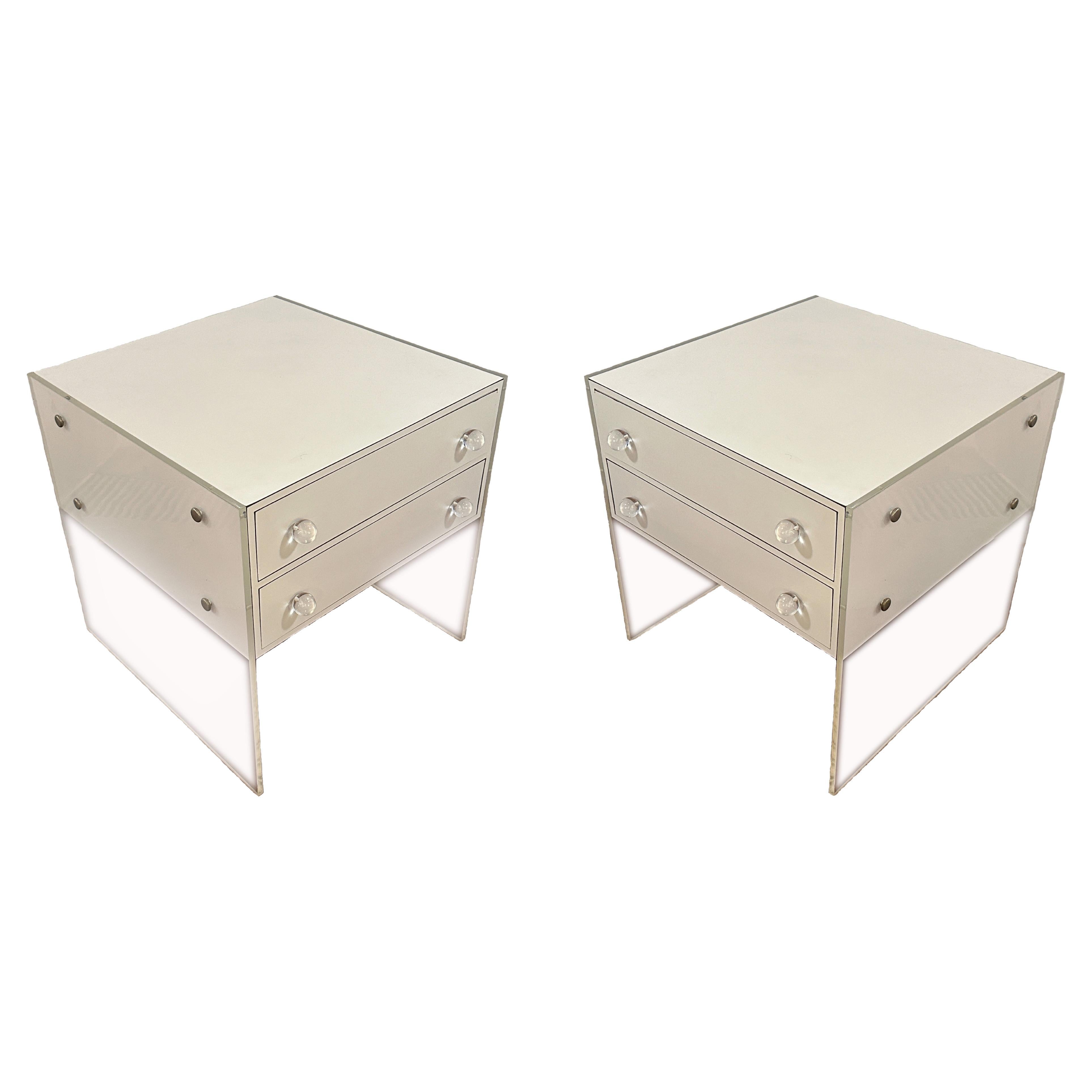 Pair of White Formica and Lucite Side Tables For Sale