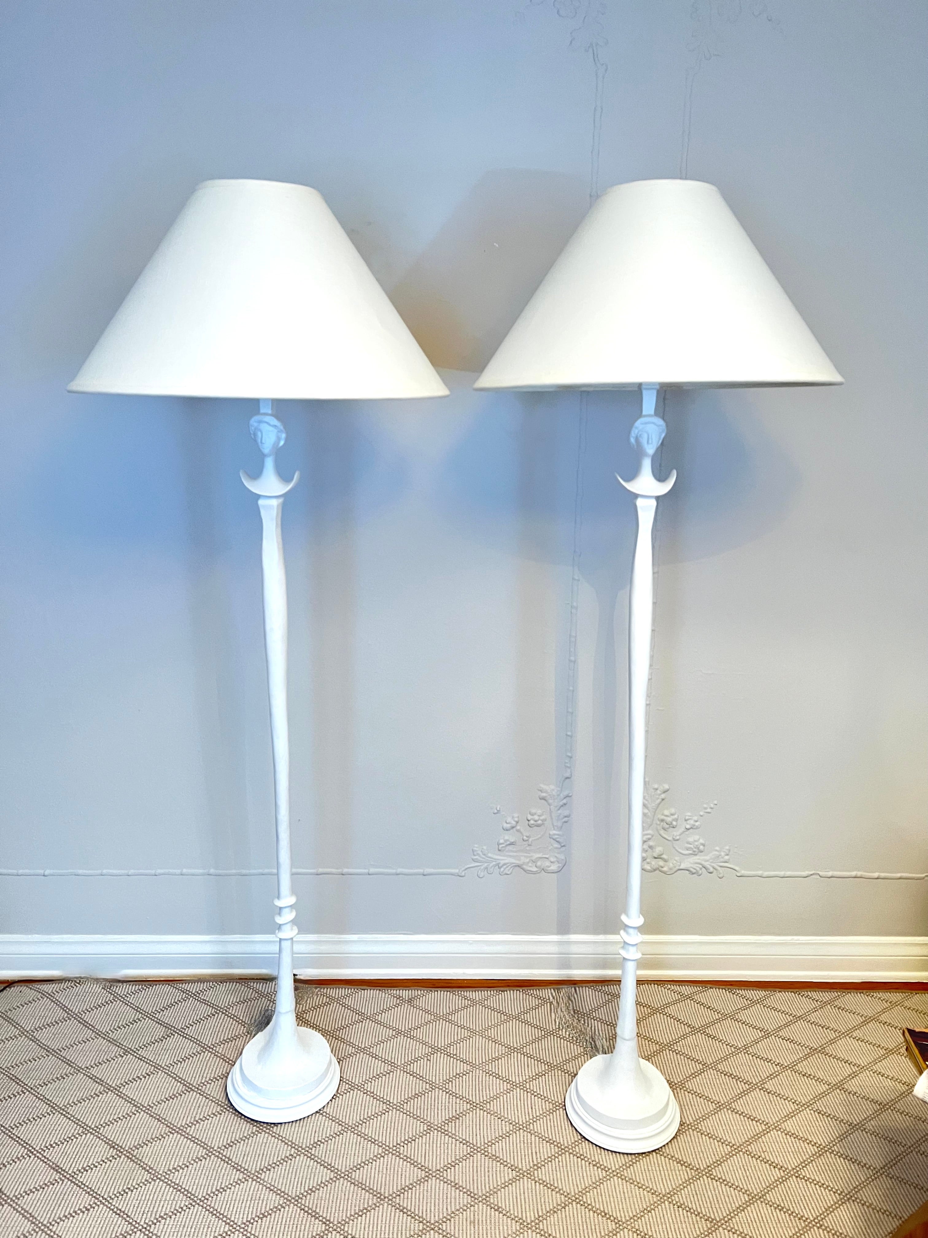 Pair of bronze floor lamps with a white gesso finish in the Style Giacometti - The pair are in wonderful overall condition, the bronze has been repaired and the original finish upgraded to a white gesso finish which is more current and neutral, and