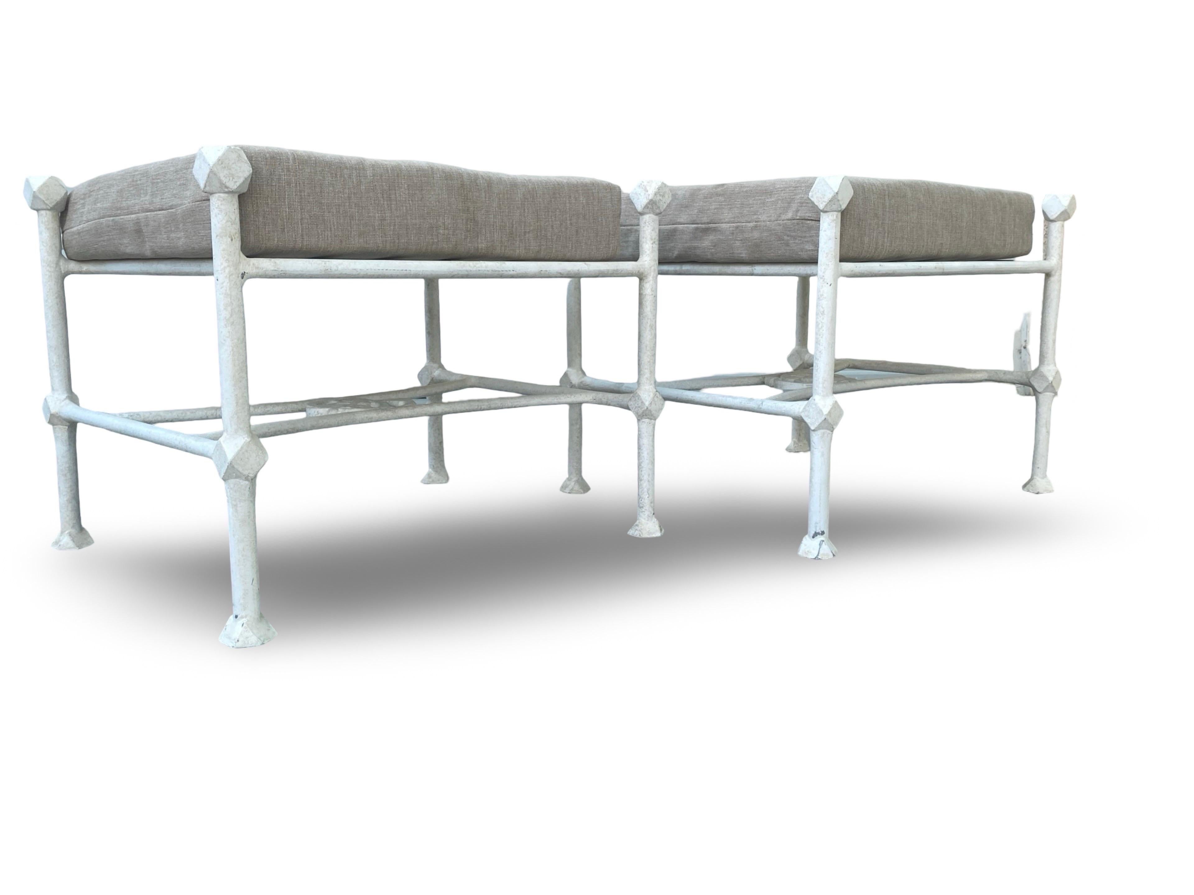 Mexican Pair of White Giacometti Style Outdoor/Indoor  Benches W/ Cushions