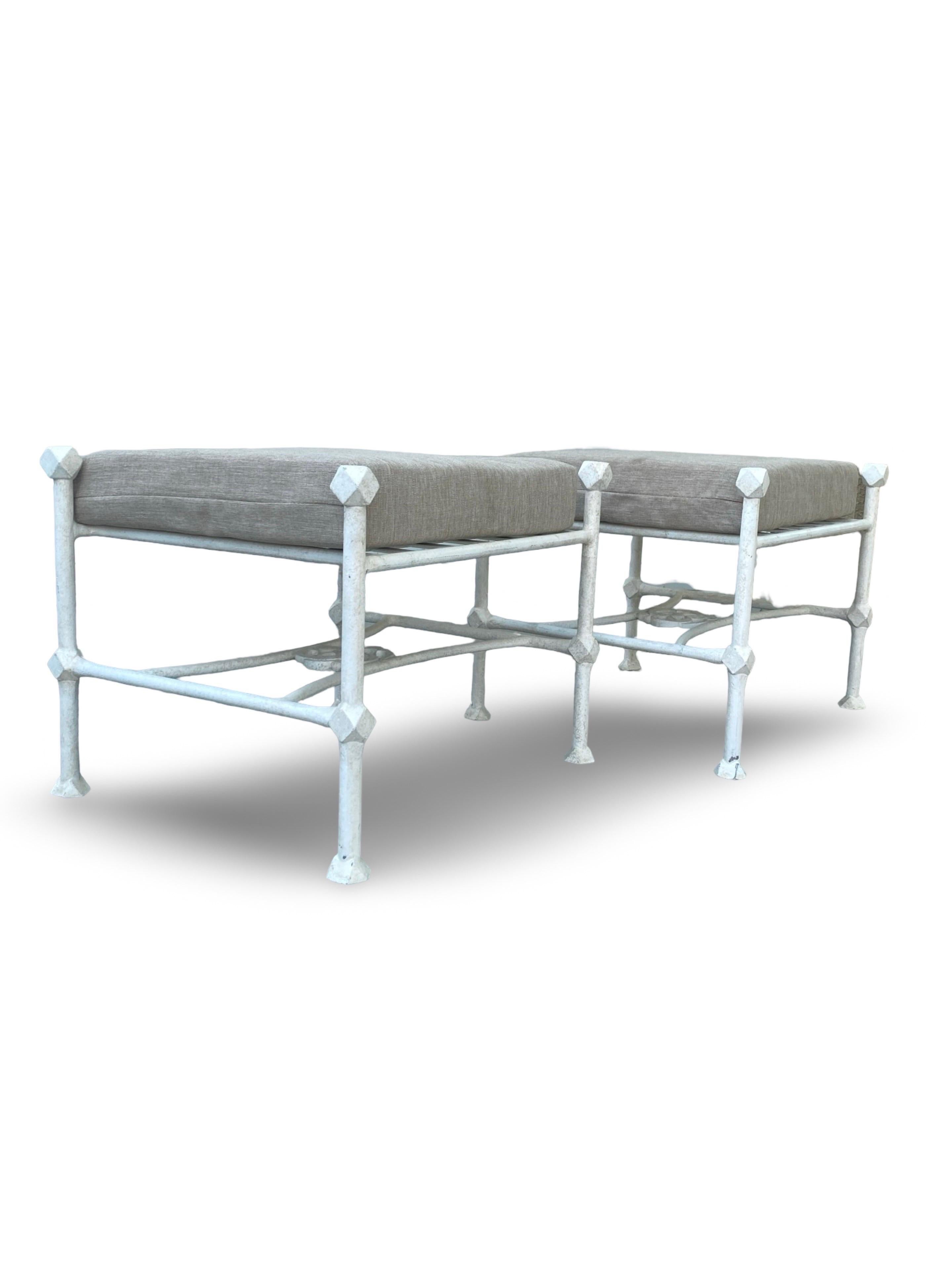 Hand-Crafted Pair of White Giacometti Style Outdoor/Indoor  Benches W/ Cushions