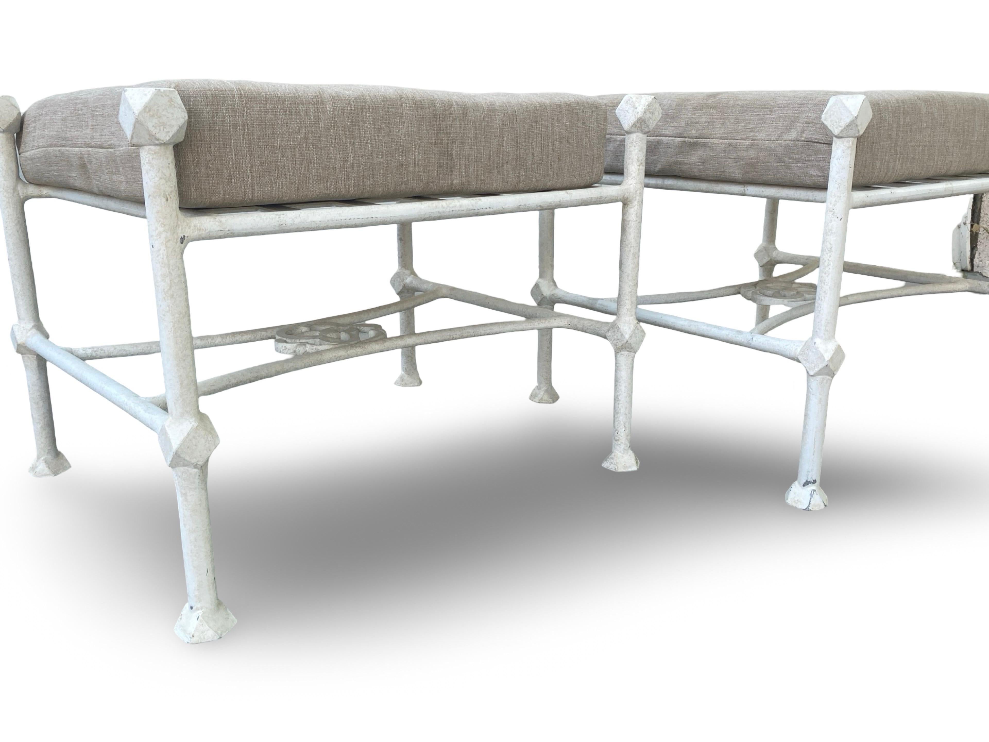 Pair of White Giacometti Style Outdoor/Indoor  Benches W/ Cushions In Good Condition In Palm Springs, CA