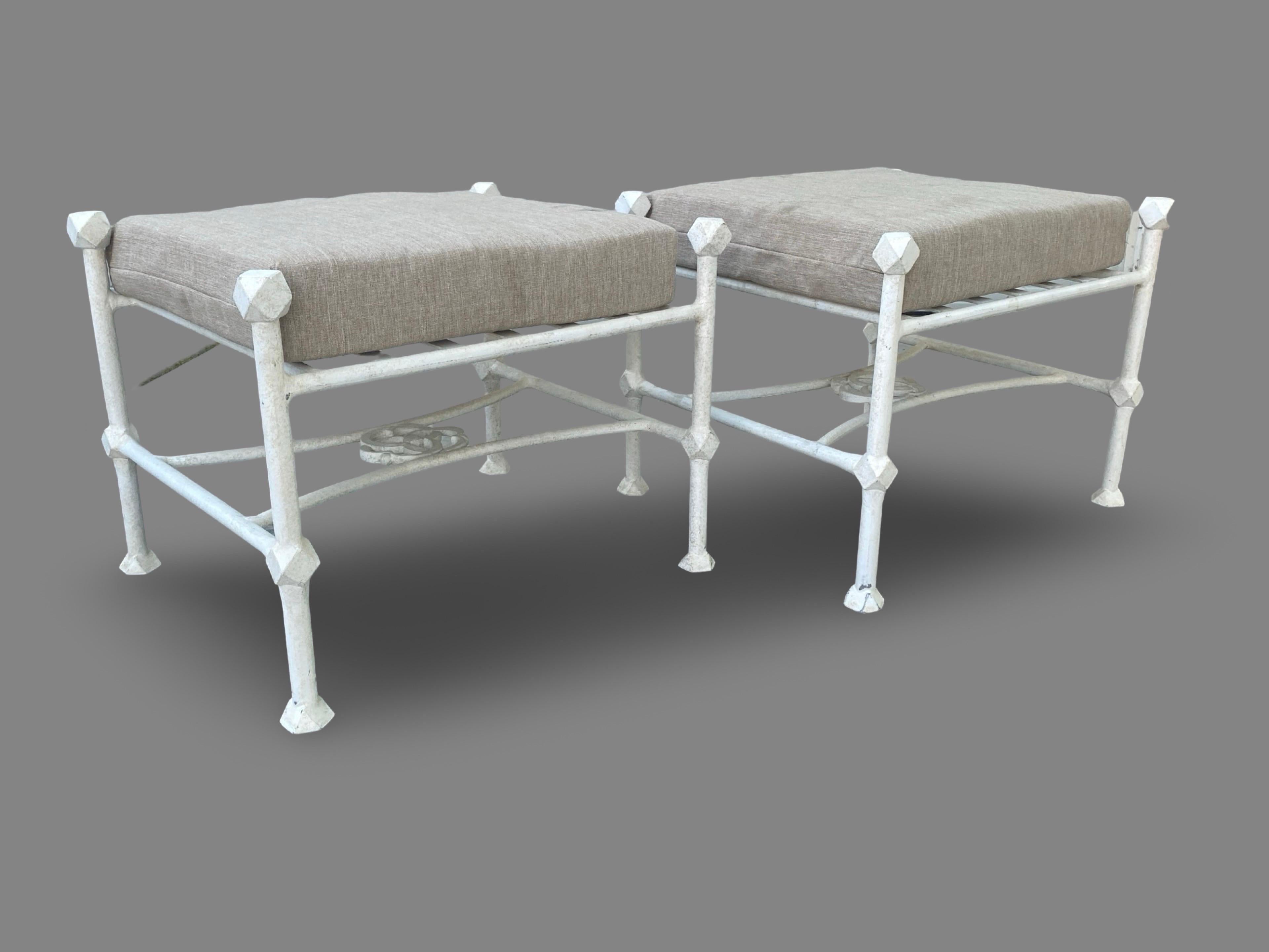 Pair of White Giacometti Style Outdoor/Indoor  Benches W/ Cushions 1
