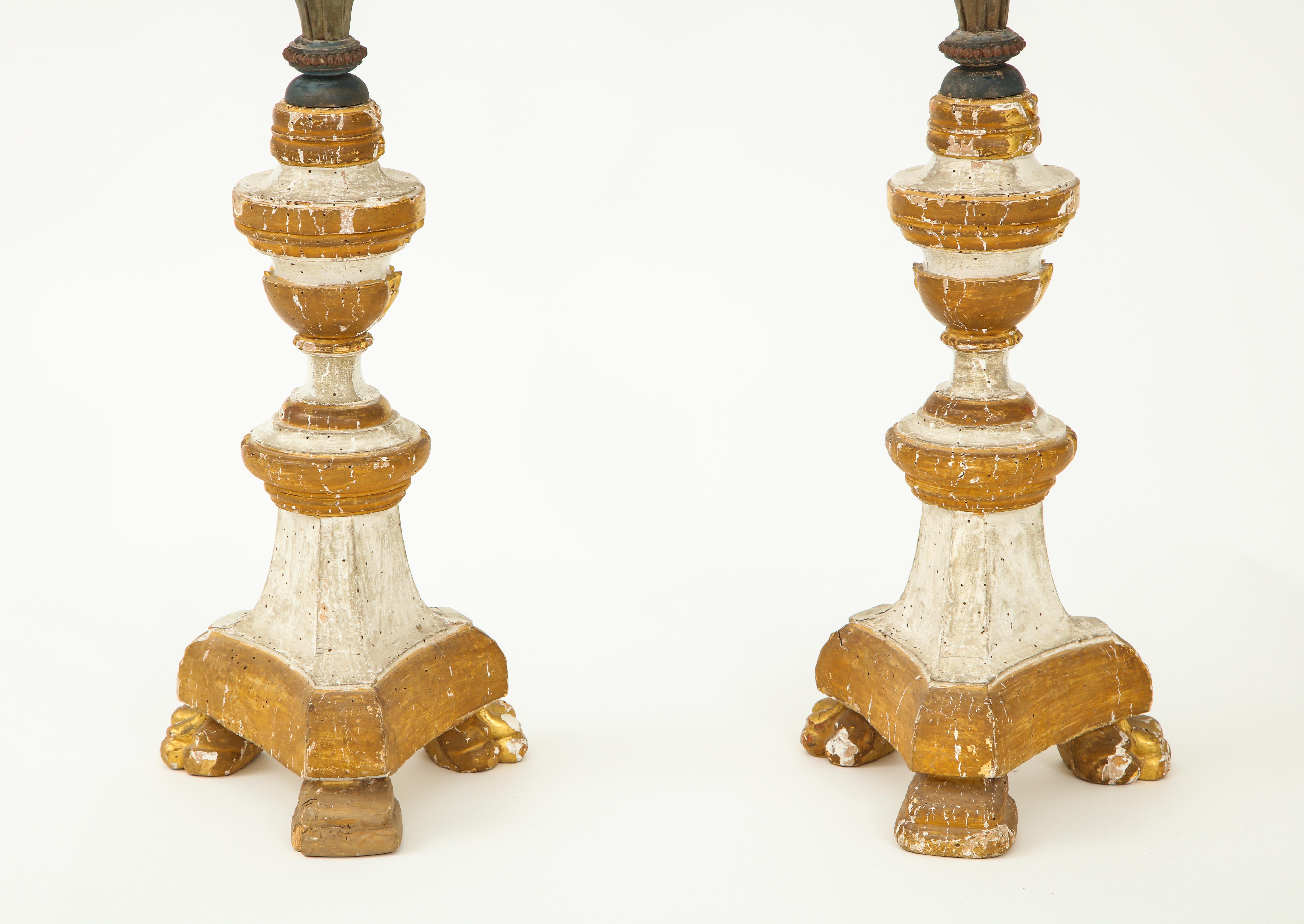Pair of White and Giltwood Pricket Altar Candlesticks For Sale 6
