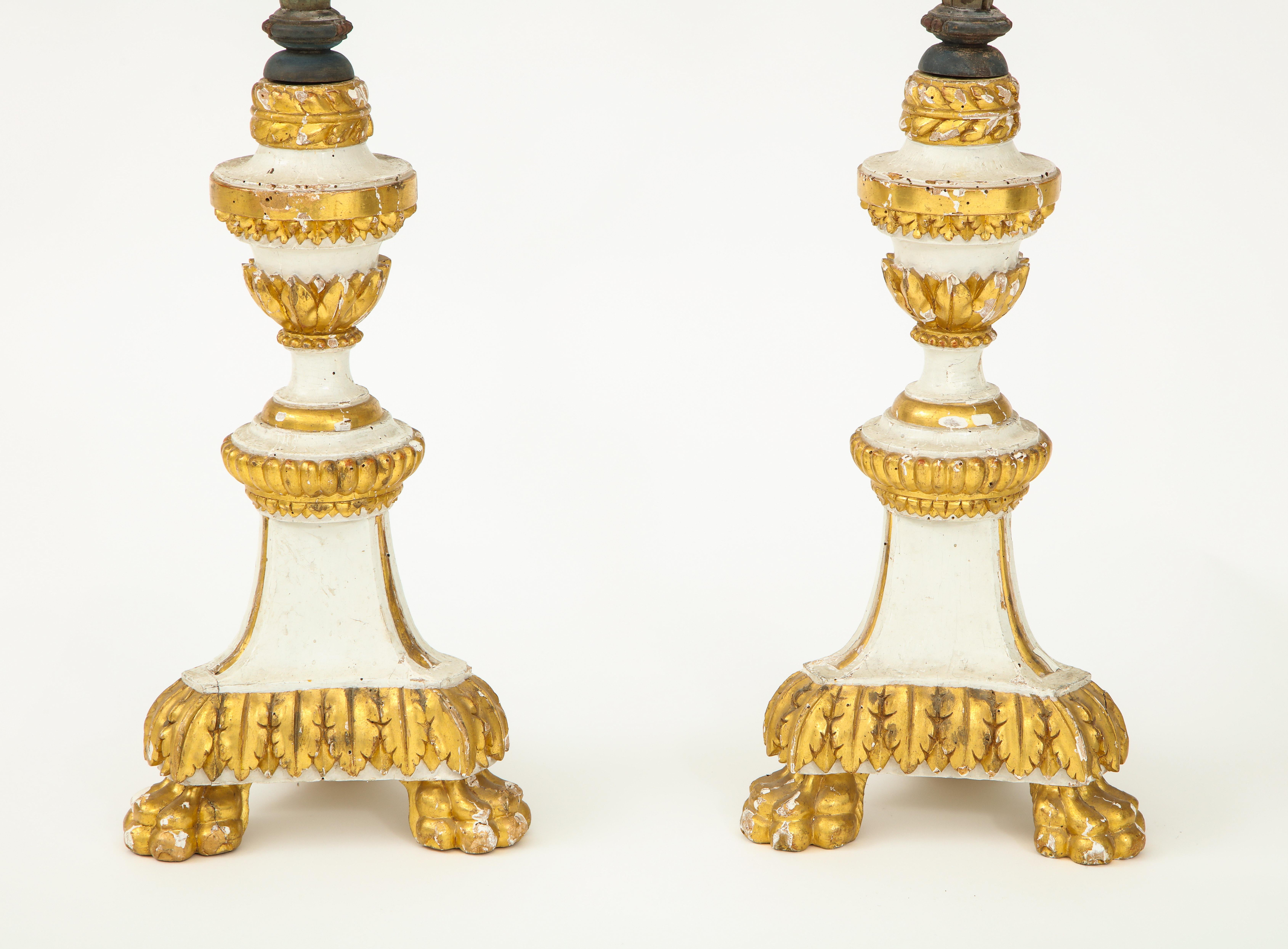 Wood Pair of White and Giltwood Pricket Altar Candlesticks For Sale