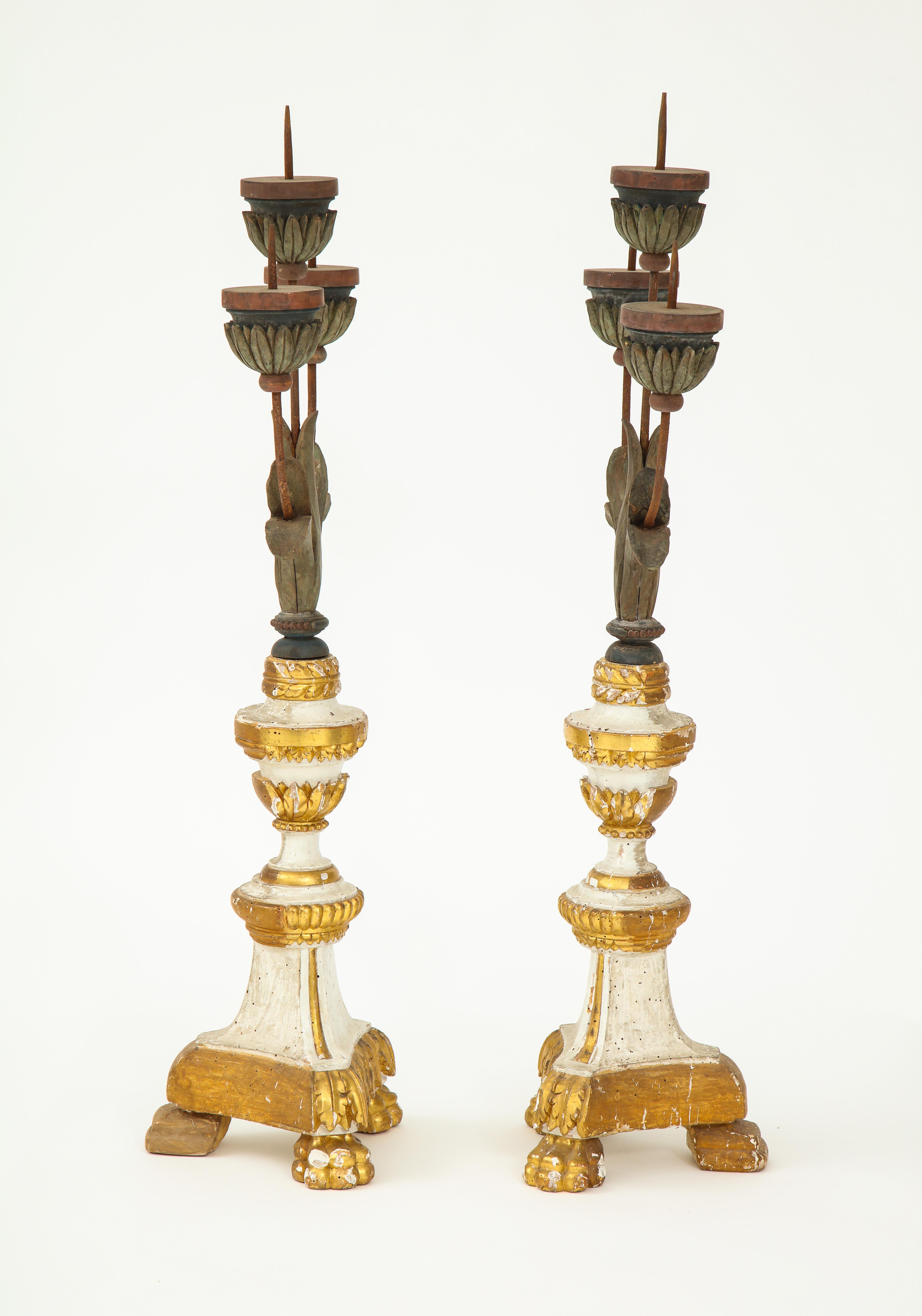 Pair of White and Giltwood Pricket Altar Candlesticks For Sale 3