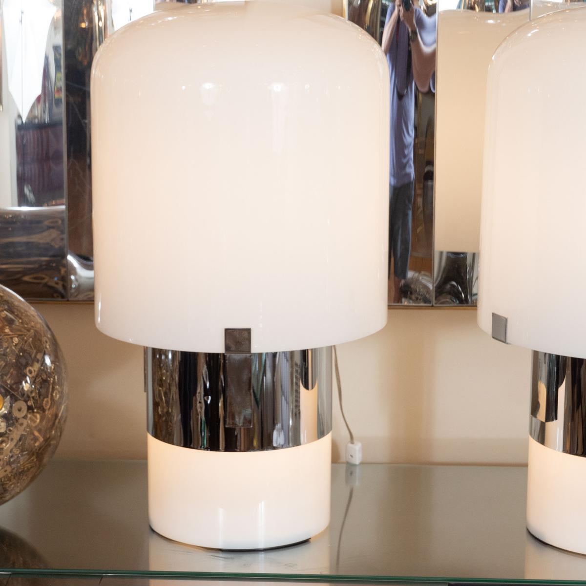 Mid-Century Modern Pair of White Glass and Chrome Cylindrical Lamps