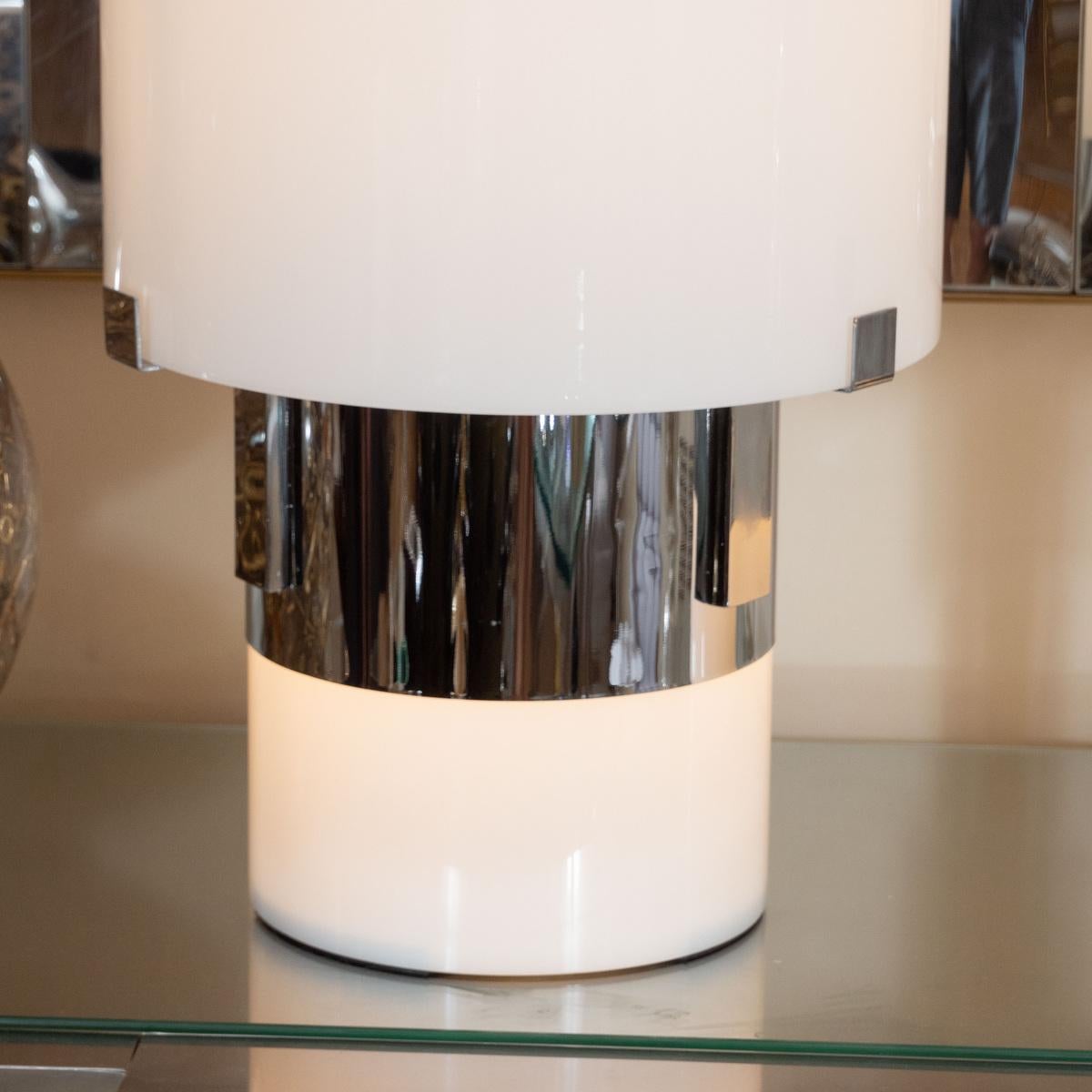 Italian Pair of White Glass and Chrome Cylindrical Lamps