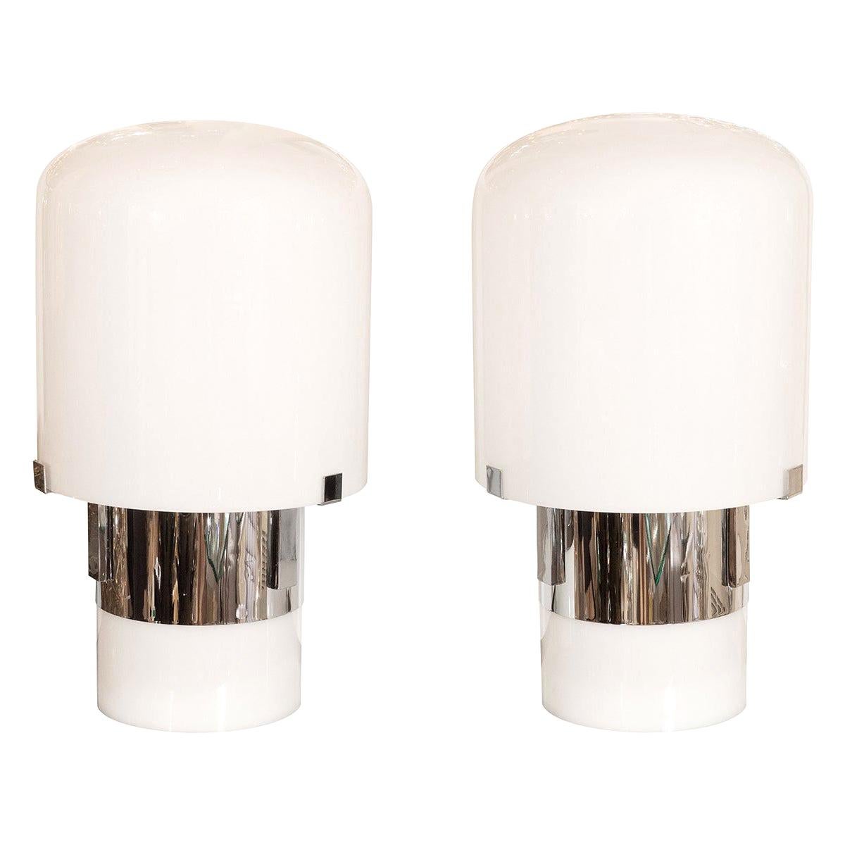 Pair of White Glass and Chrome Cylindrical Lamps